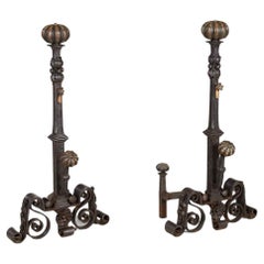 Antique Monumental Bronze and Iron Andirons