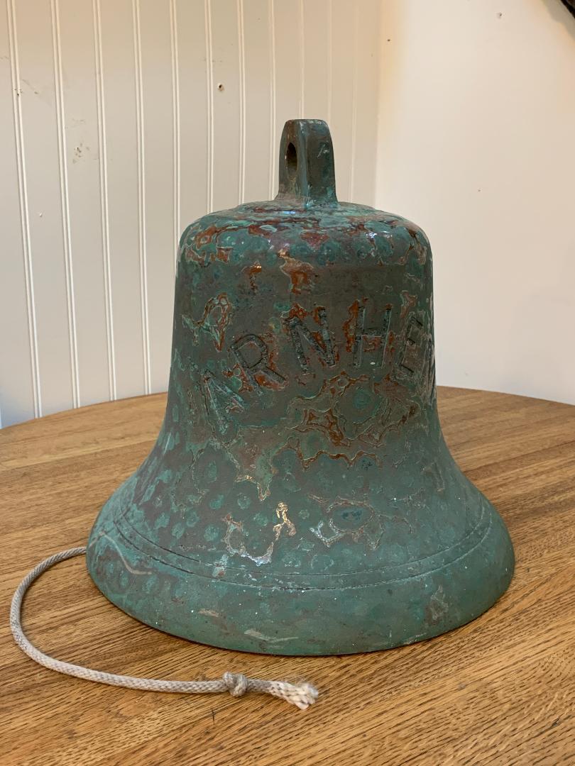 Early bronze church bell engraved Arnhem. Wonderful aged patina.
The city of Arnhem in the Netherlands housed one of the largest bell carillons in Holland.
Attributed to Petit & Fritsen.