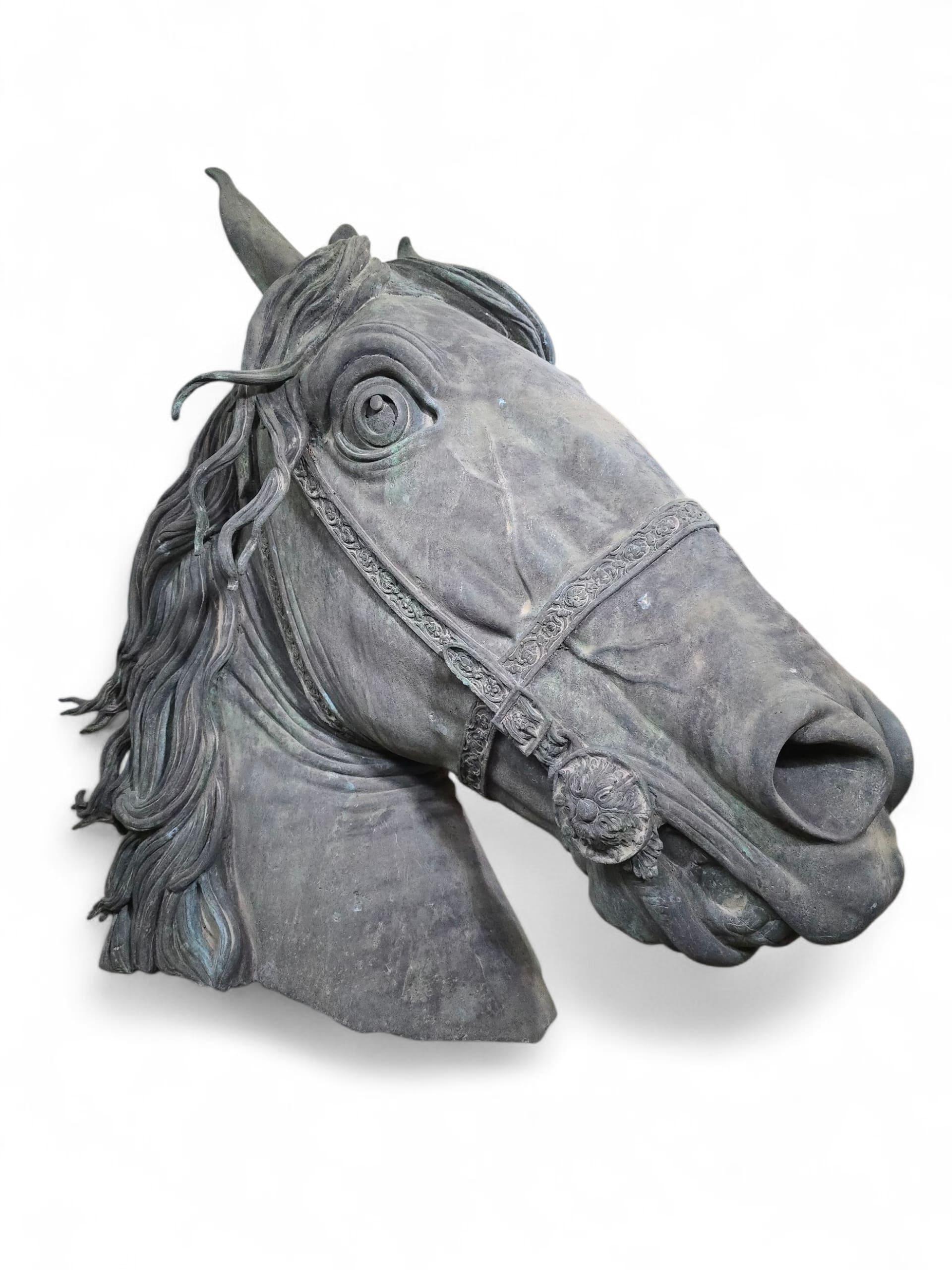 Impressionante scultura in bronzo di una testa di cavallo, realizzata dall'artista contemporaneo spagnolo Fernando Sánchez Castillo (nato nel 1970).
Quest'opera di grandi dimensioni (altezza 100 cm, larghezza 150 cm, profondità 60 cm) riflette il