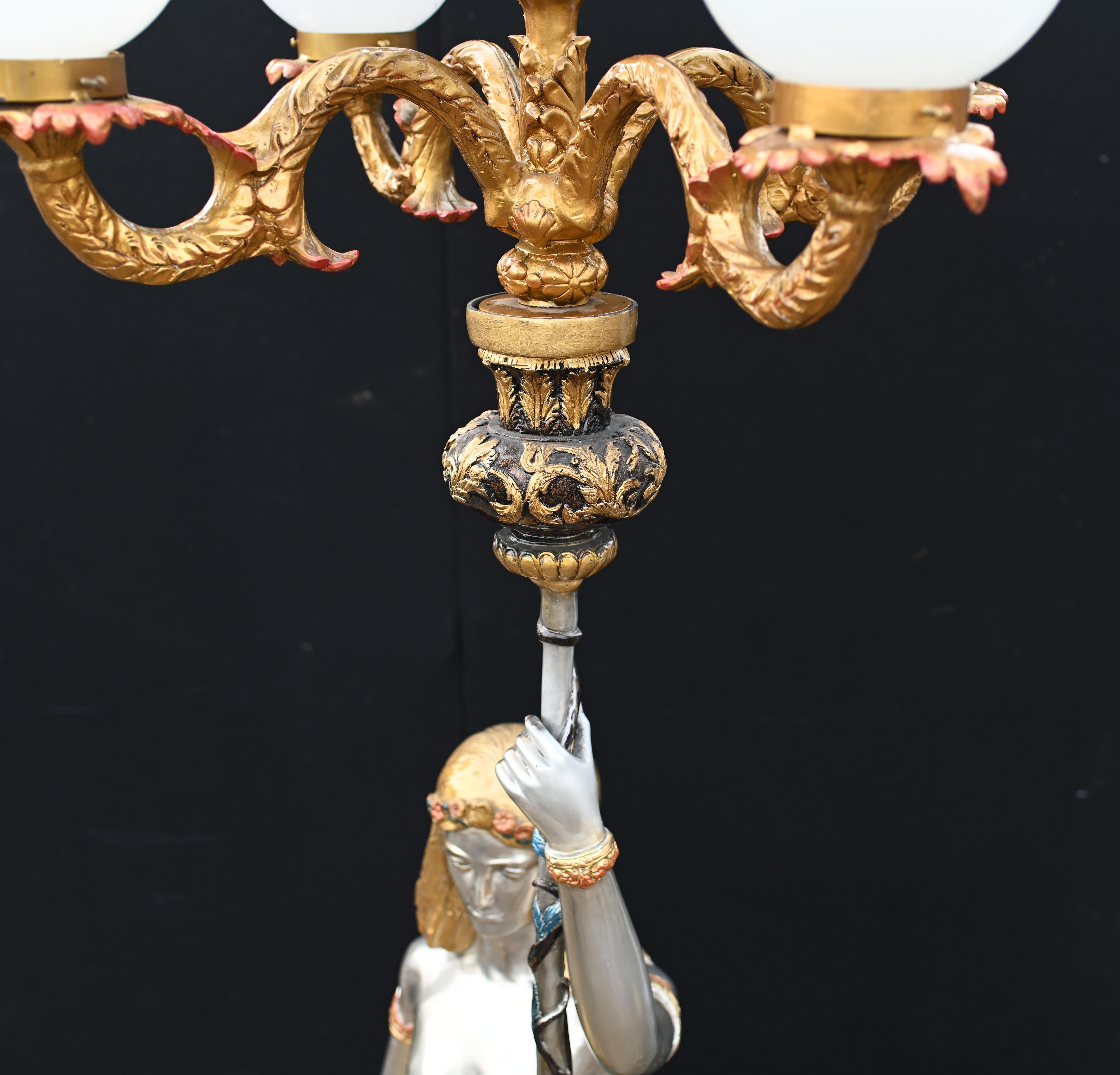 Monumental Bronze Maiden Lamps Lion Cherub Candelabra 12