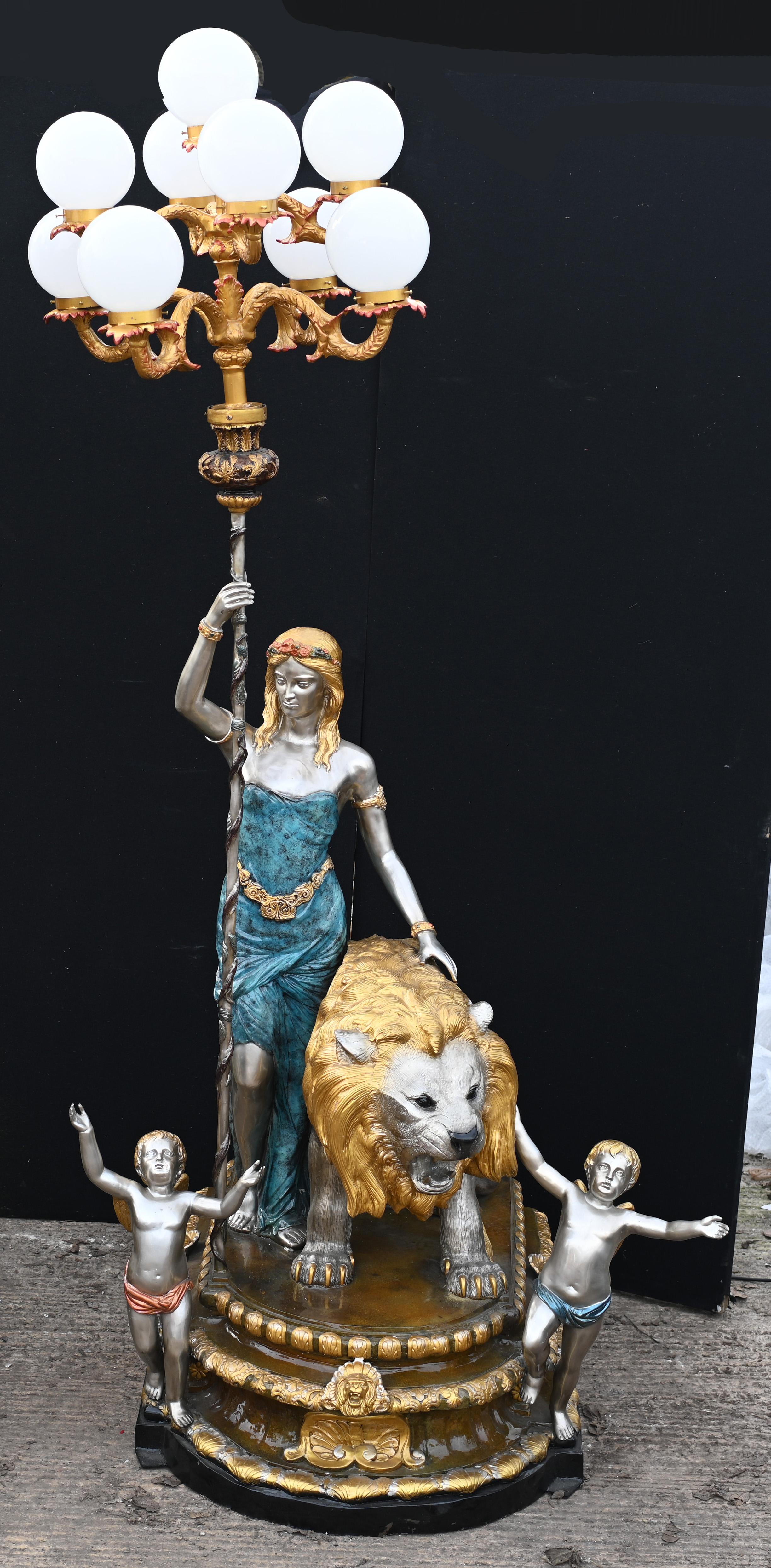 Wow - stunning pair of giant Italian bronze candelabras.
Stand in at ten feet tall - 304 cm over three metres!
Glorious polychrome finish to the statues.
Main candelabras are held aloft by the female maidens.
Flanked by the roaring lions and