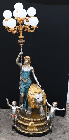 Monumental Bronze Maiden Lamps Lion Cherub Candelabra