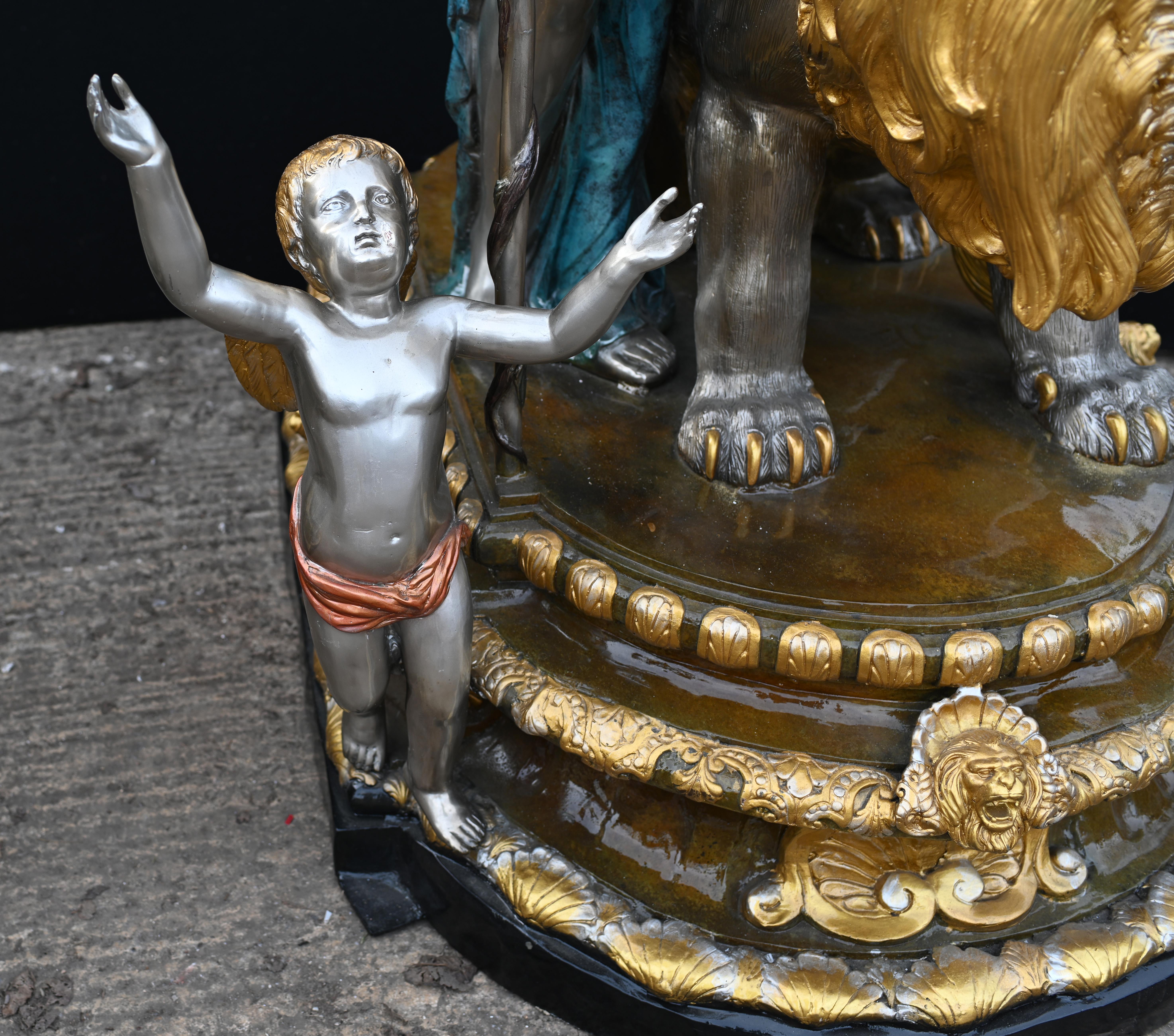 Late 20th Century Monumental Bronze Maiden Lamps Lion Cherub Candelabra