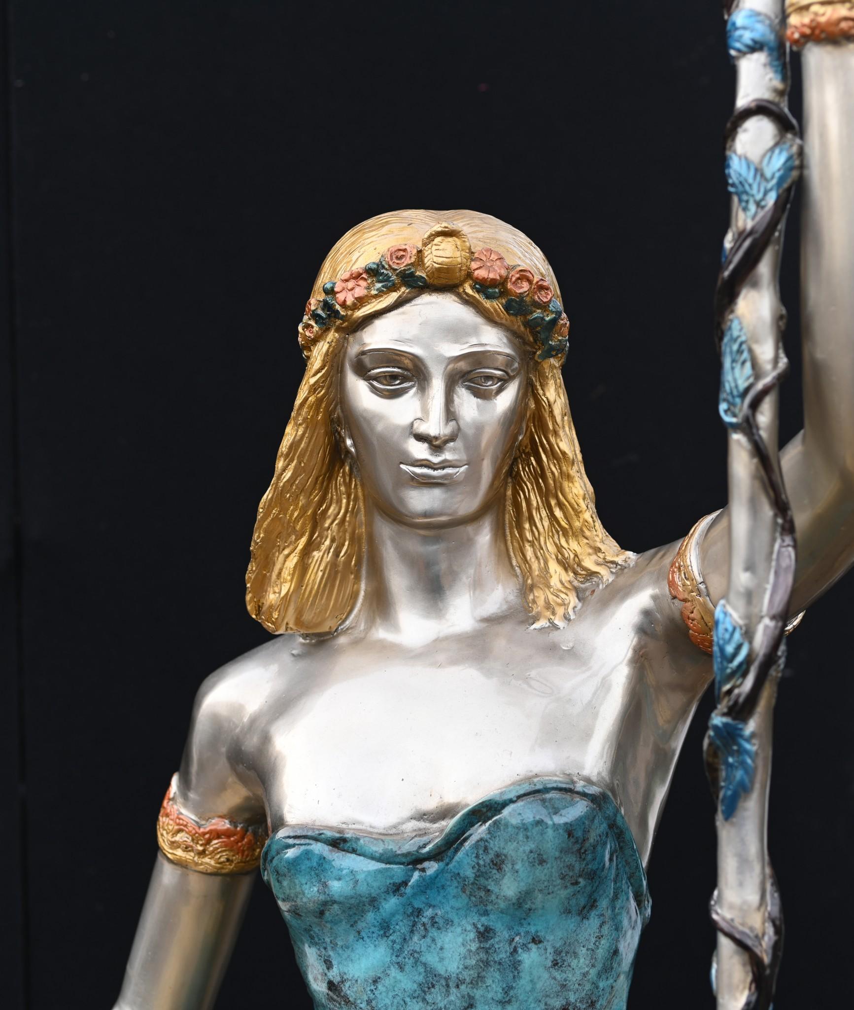 Late 20th Century Monumental Bronze Maiden Lamps Lion Cherub Candelabra 10 Feet For Sale