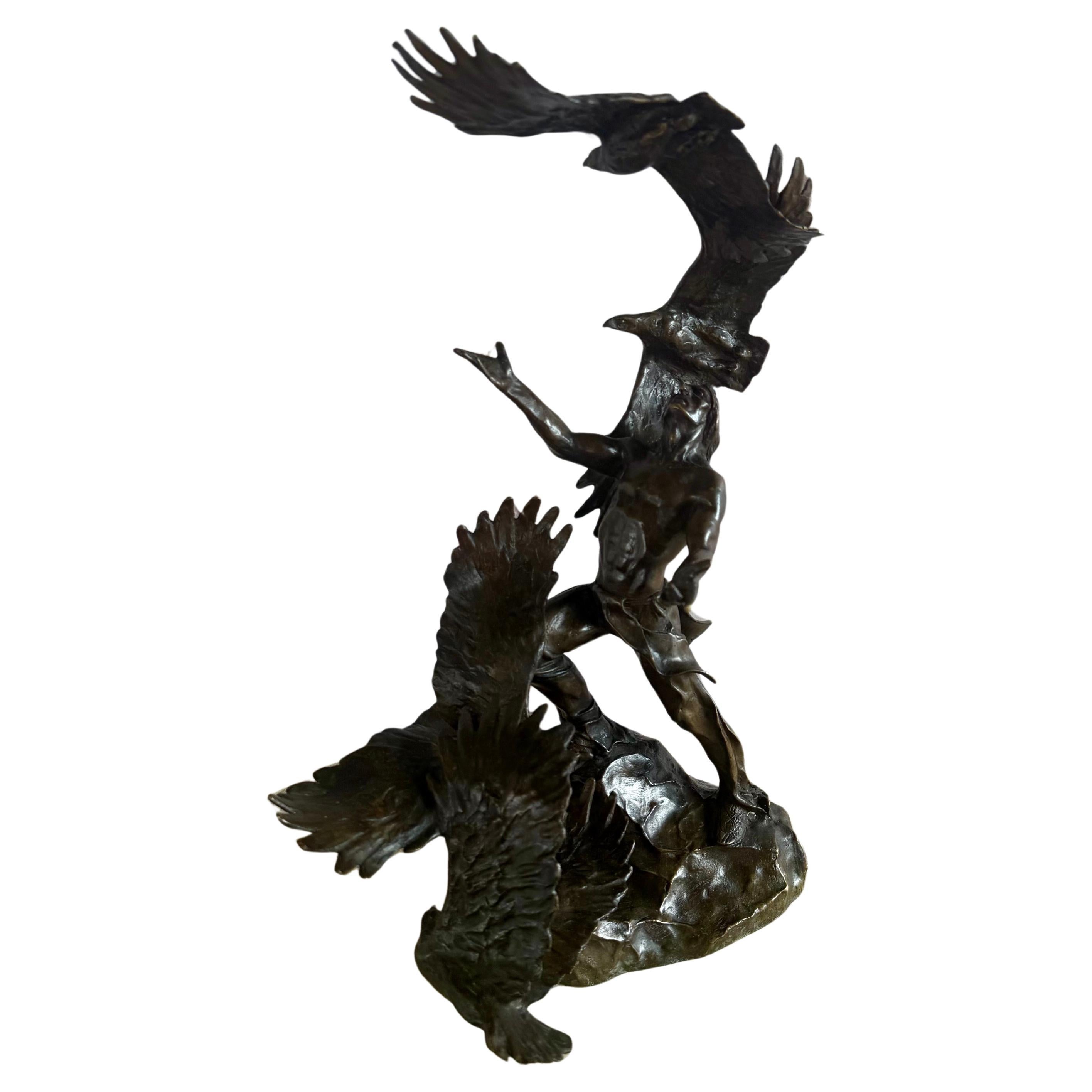 Sculpture monumentale en bronze d'un guerrier autochtone et d'aigles, Dynamic Art