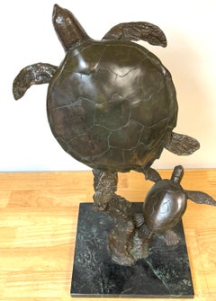 Monumental Bronze Sea Turtle Sculpture on Marble Base, Late 20th Century