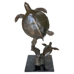 Monumental Bronze Sea Turtle Sculpture on Marble Base, Late 20th Century