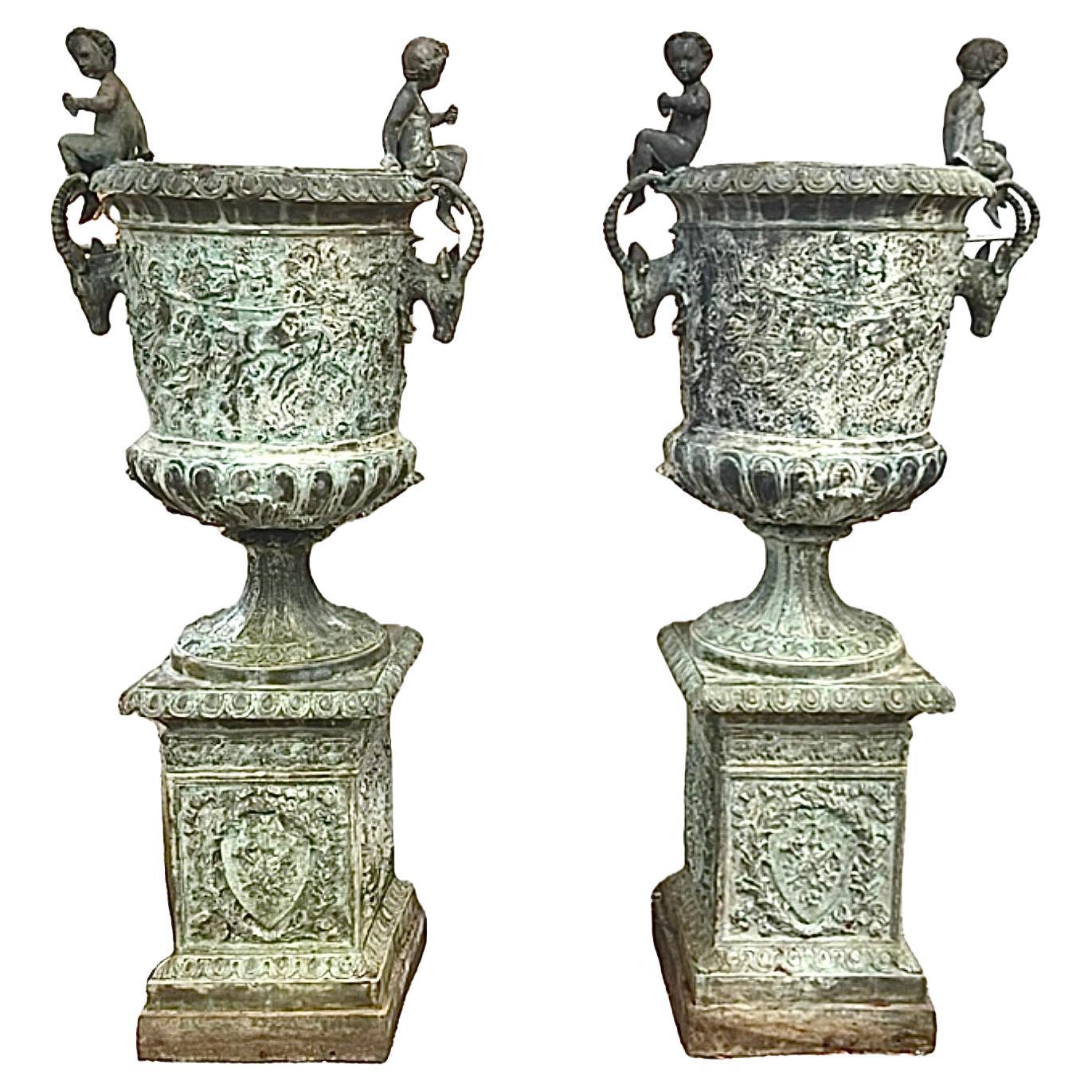Monumental Bronze Urn Planters Figural French - A Pair