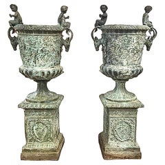 Monumental Bronze Urn Planters Figural French - A Pair