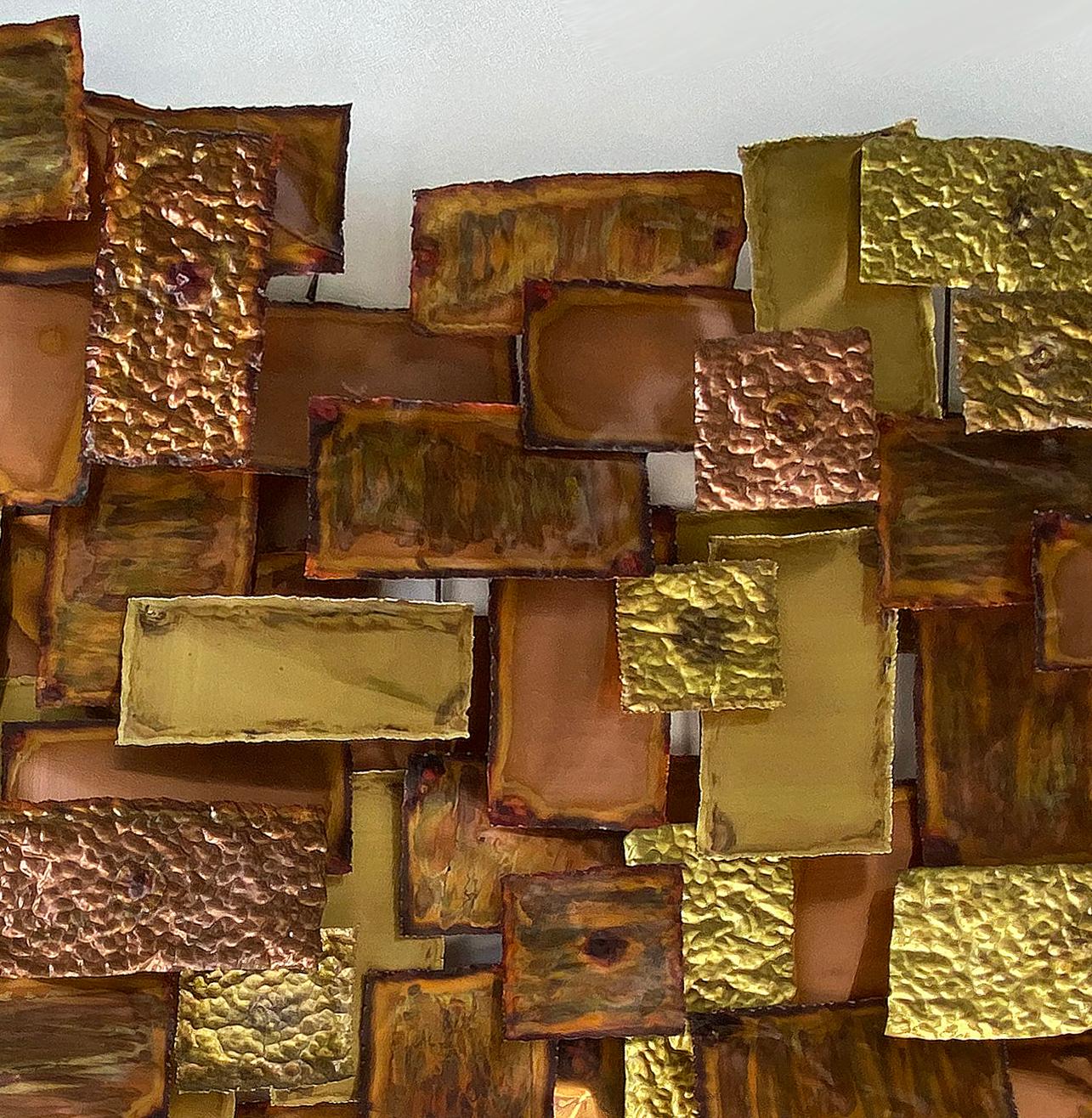 Monumental Brutalist brass & copper wall sculpture, Illegibly Signed & Dated '80

Offered for sale is a monumental, large and impressive Brutalist wall sculpture in brass and copper. The metal has great texture and depth. It can be hung vertically