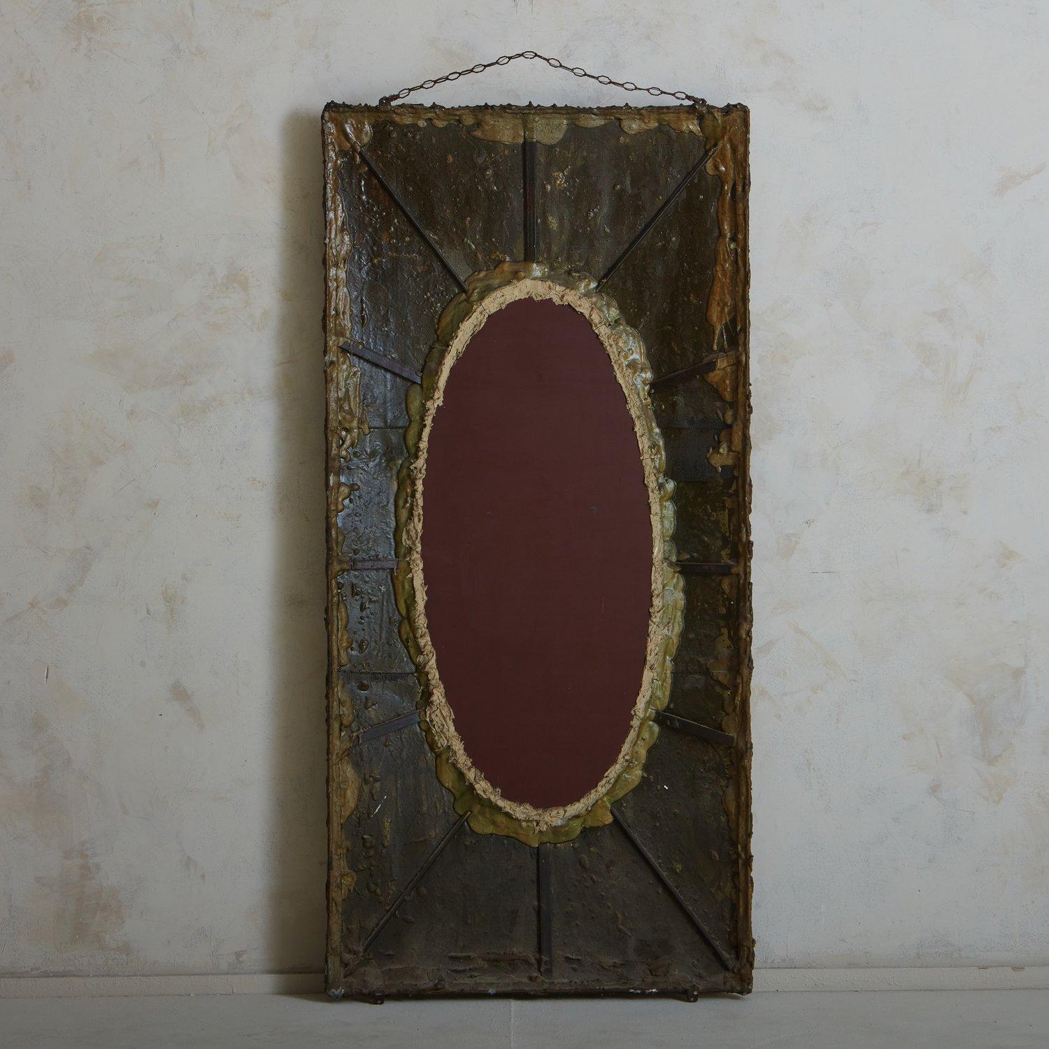 Late 20th Century Monumental Brutalist Copper + Resin Framed Mirror, Italy, 1980s For Sale