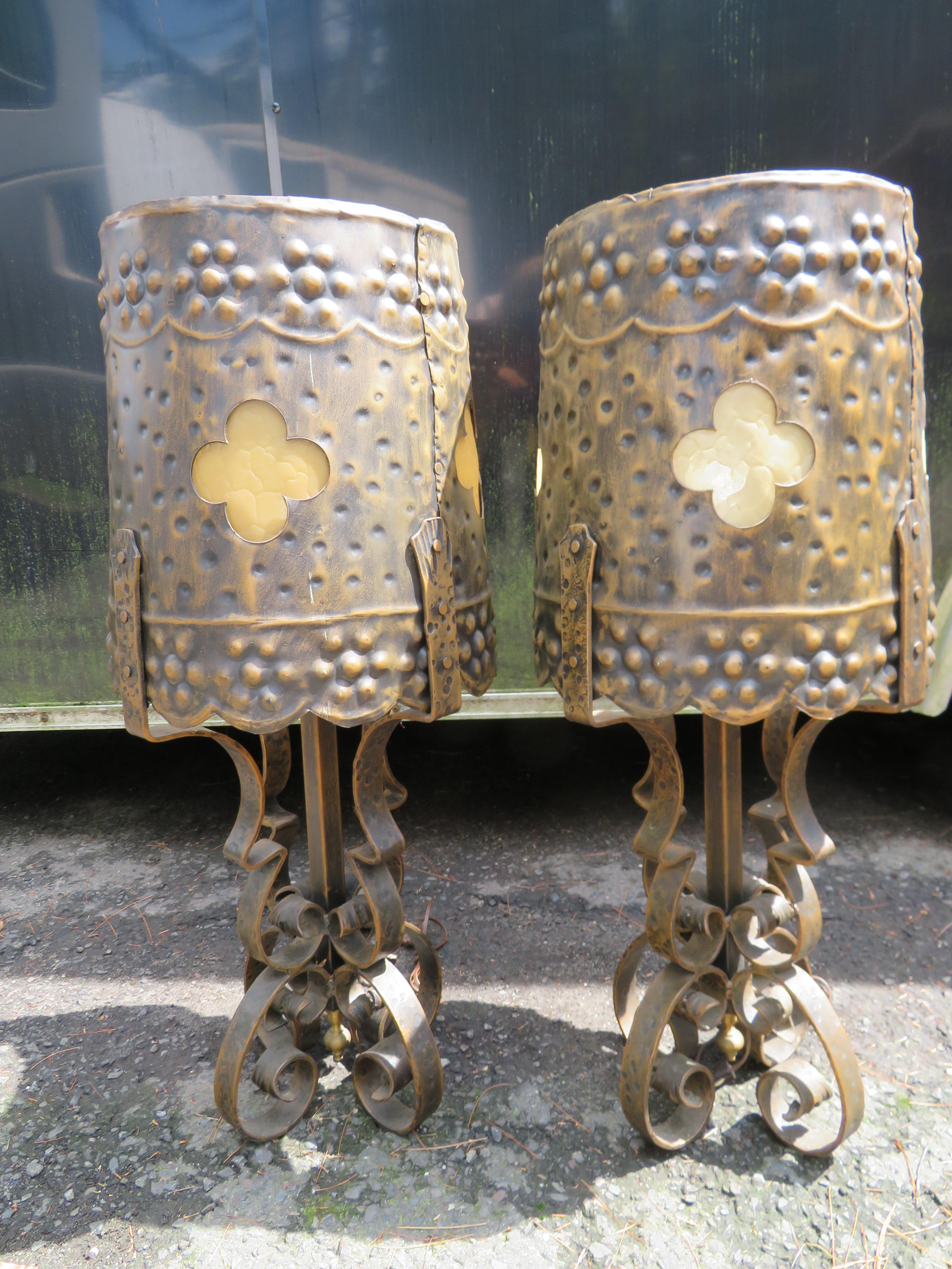 Monumental Brutalist Hammered Tudor Gothic Scroll Lamps Mid-Century Modern For Sale 9