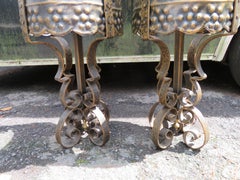 Monumental Brutalist Hammered Tudor Gothic Scroll Lamps Mid-Century Modern