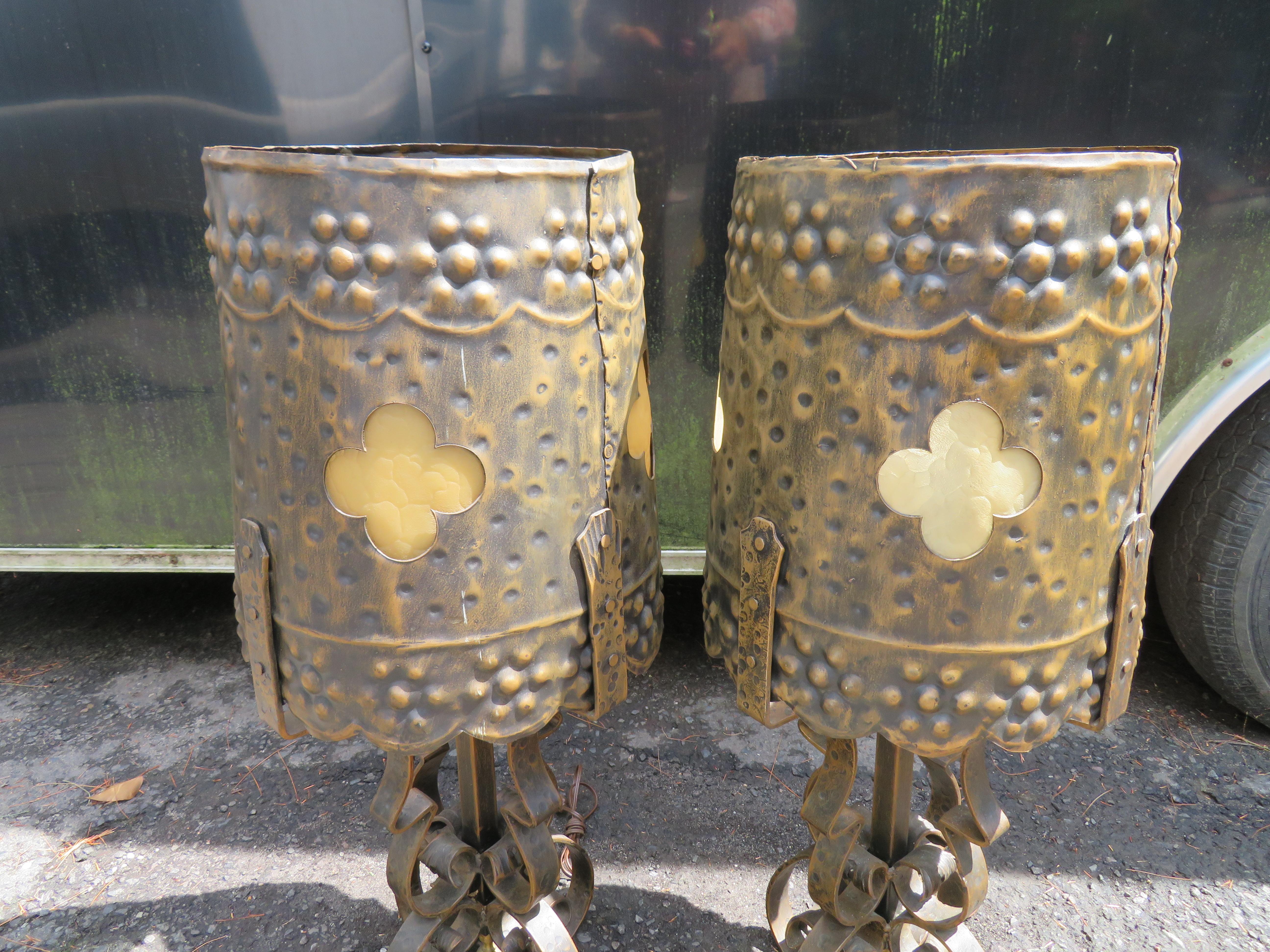 Gothic Revival Monumental Brutalist Hammered Tudor Gothic Scroll Lamps Mid-Century Modern For Sale