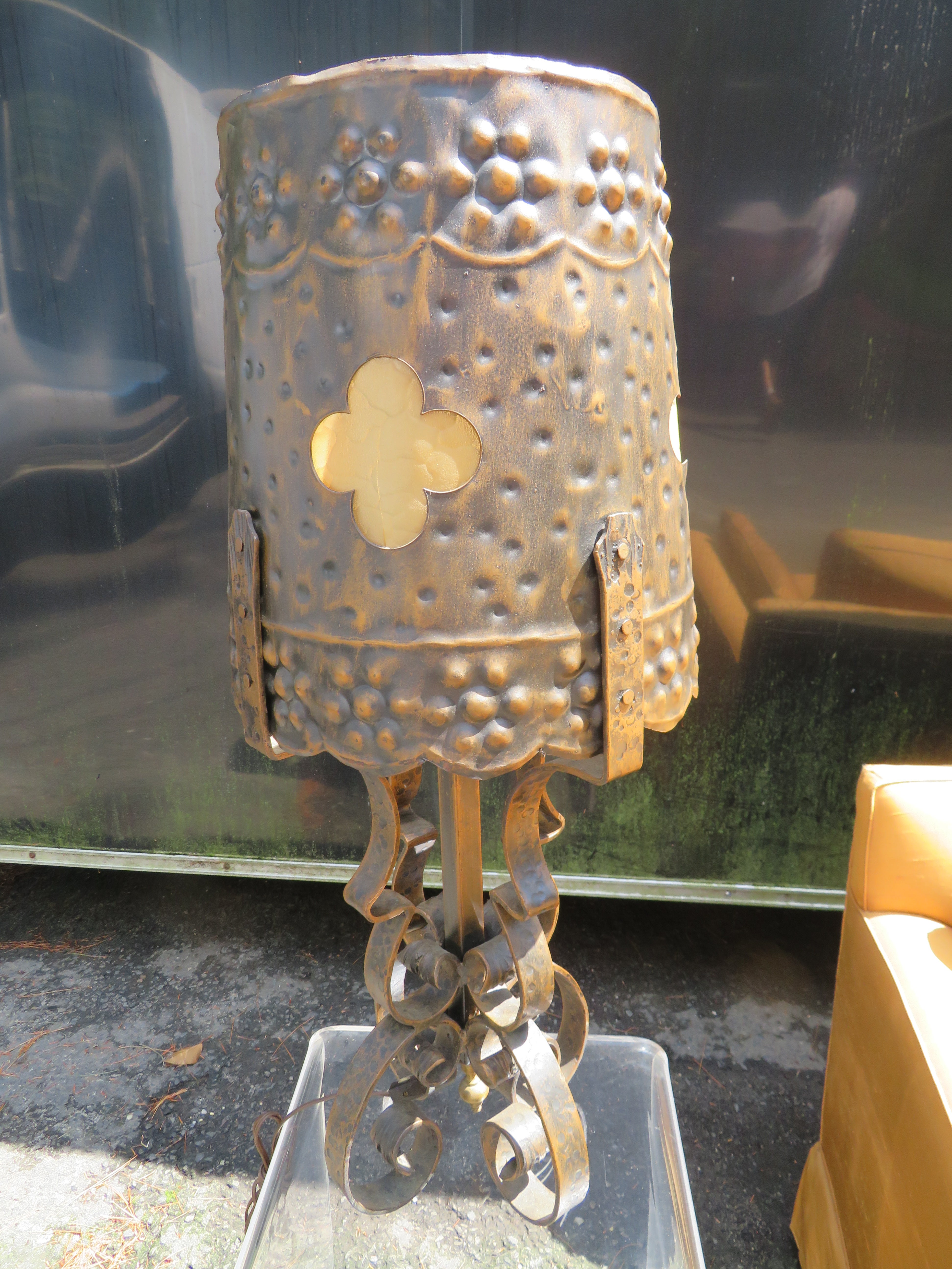 Portuguese Monumental Brutalist Hammered Tudor Gothic Scroll Lamps Mid-Century Modern For Sale