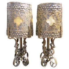 Monumental Brutalist Hammered Tudor Gothic Scroll Lamps Mid-Century Modern