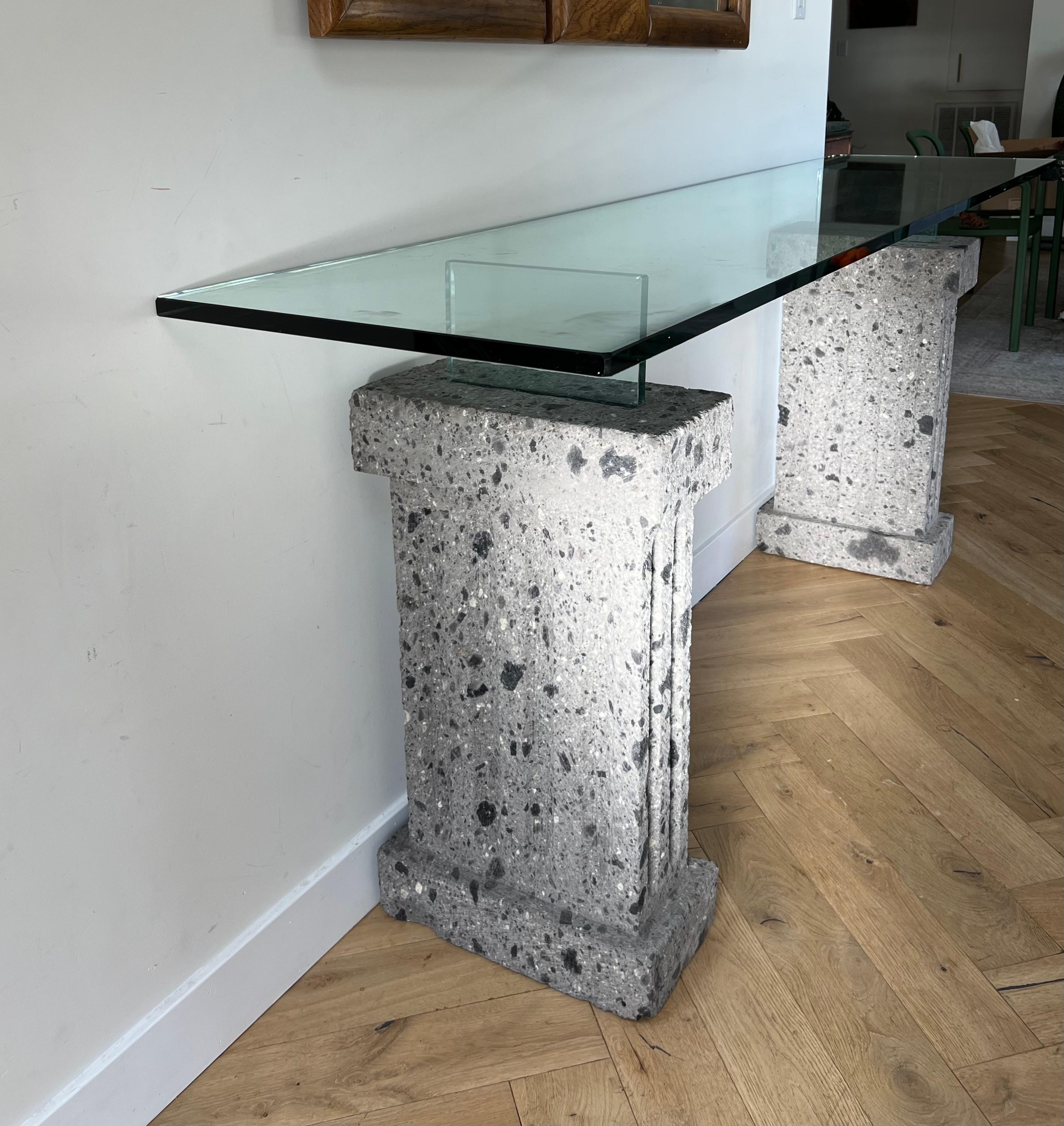 Monumental Brutalist Neoclassical Stone and Glass Console Table, 1970s 7