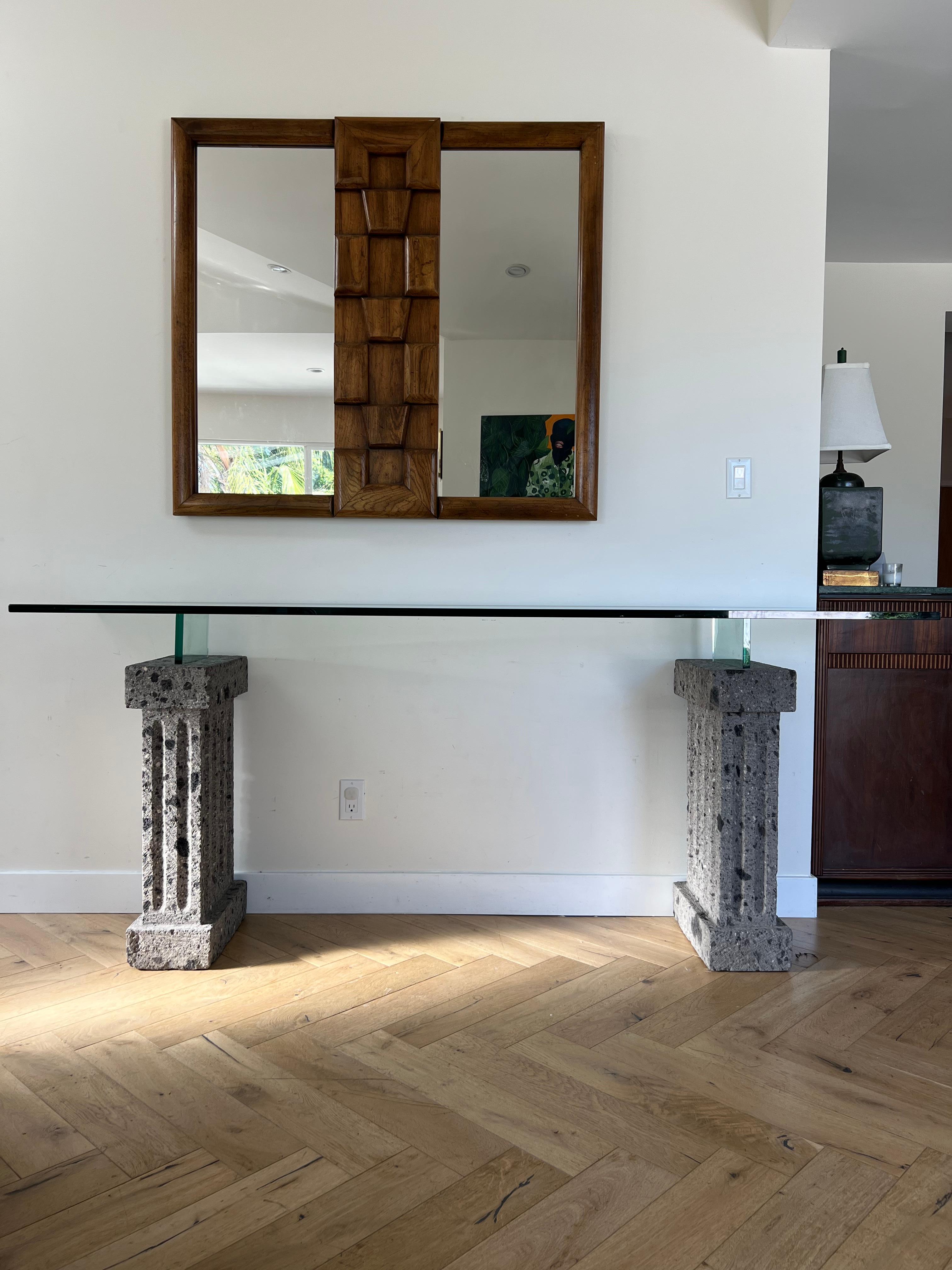 Monumental Brutalist Neoclassical Stone and Glass Console Table, 1970s 8