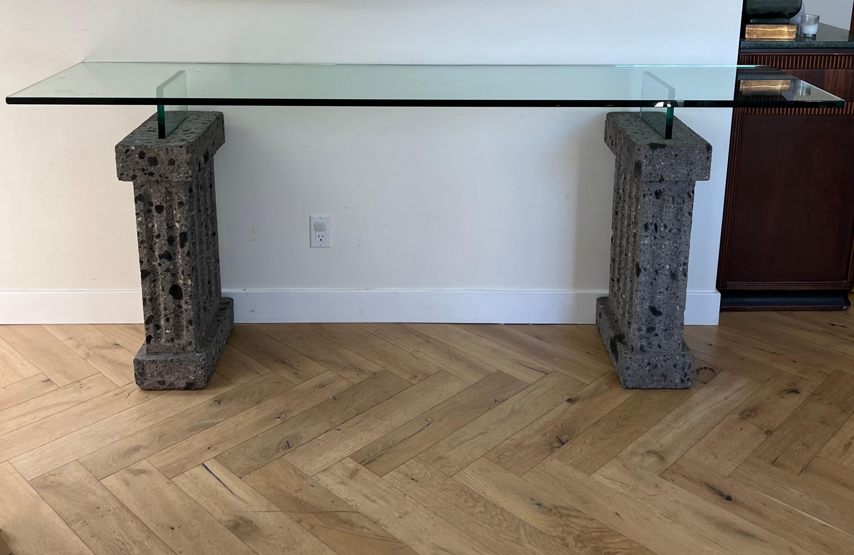 Monumental Brutalist Neoclassical Stone and Glass Console Table, 1970s 10