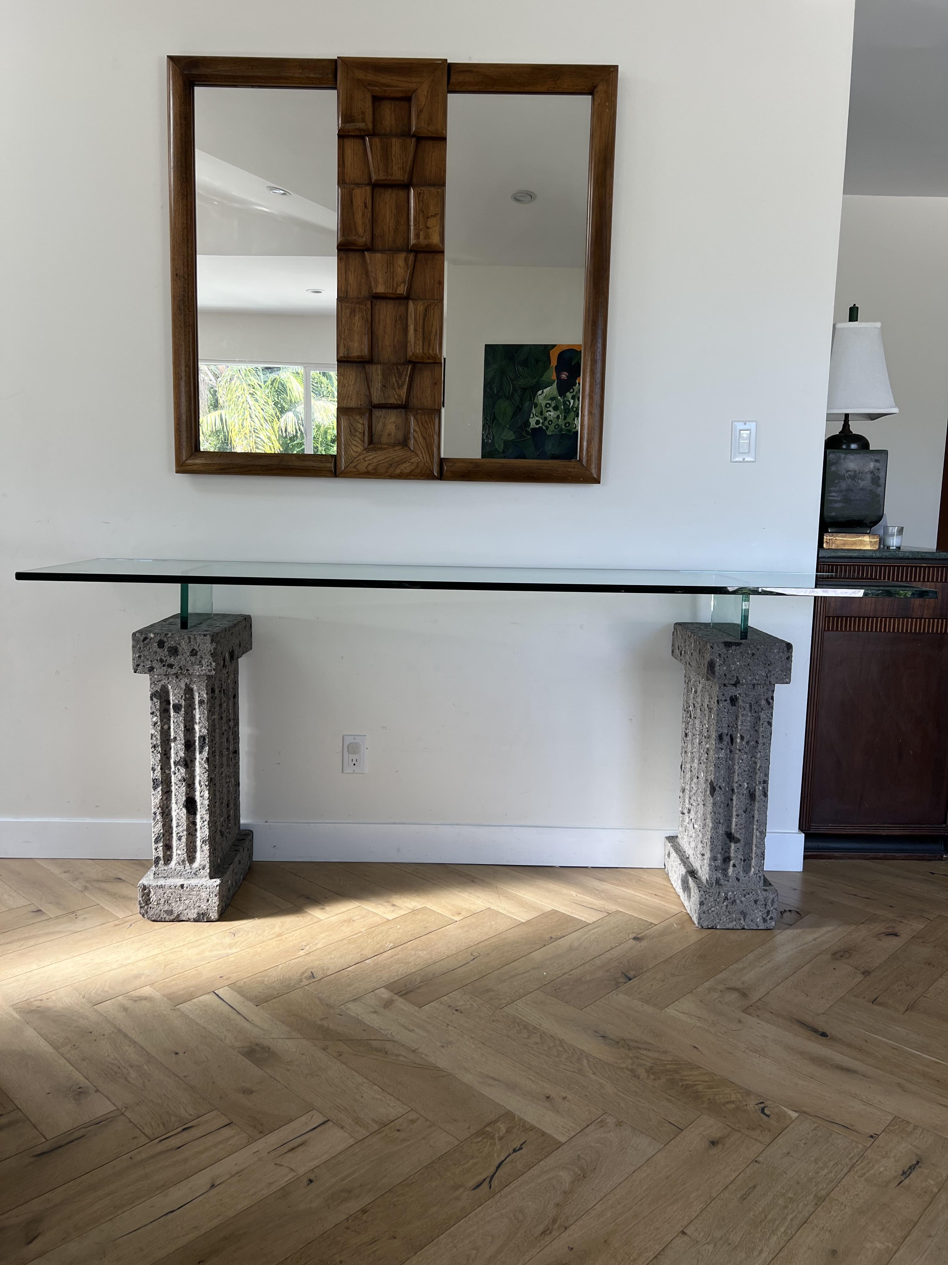 Monumental Brutalist Neoclassical Stone and Glass Console Table, 1970s 14