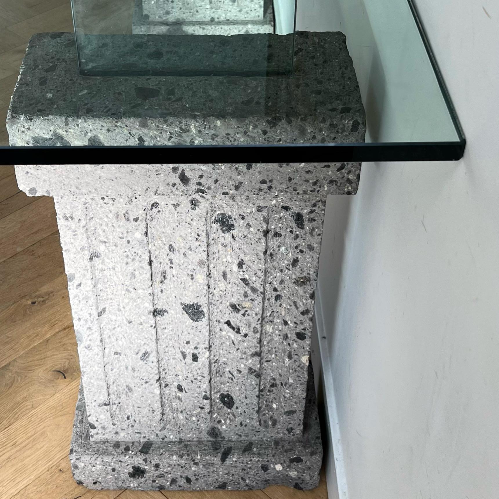 Monumental Brutalist Neoclassical Stone and Glass Console Table, 1970s In Good Condition In View Park, CA