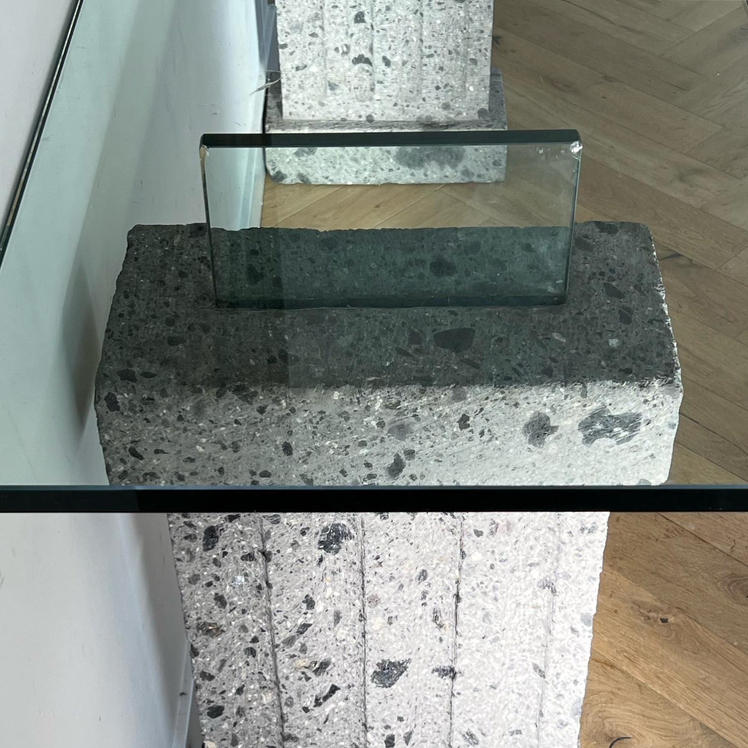 Late 20th Century Monumental Brutalist Neoclassical Stone and Glass Console Table, 1970s