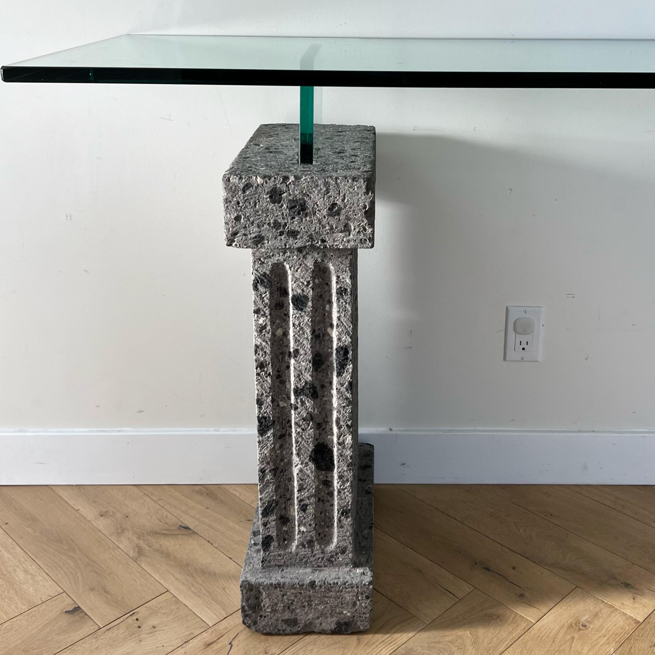Monumental Brutalist Neoclassical Stone and Glass Console Table, 1970s 1