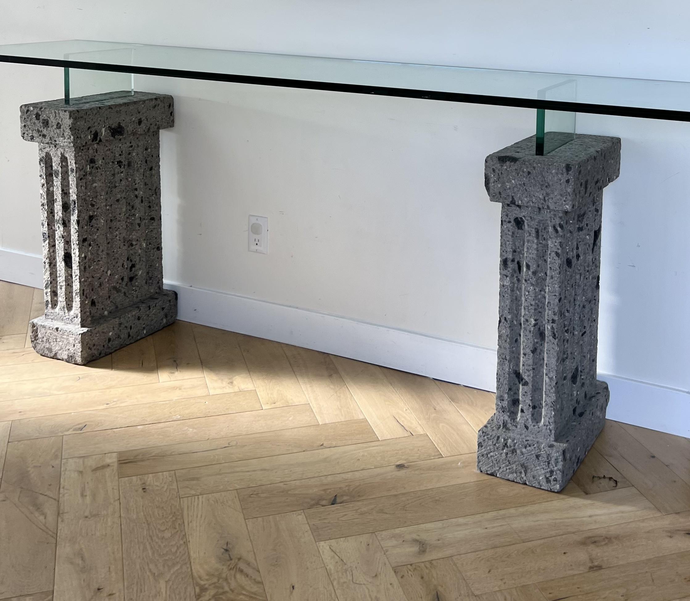 Monumental Brutalist Neoclassical Stone and Glass Console Table, 1970s 4