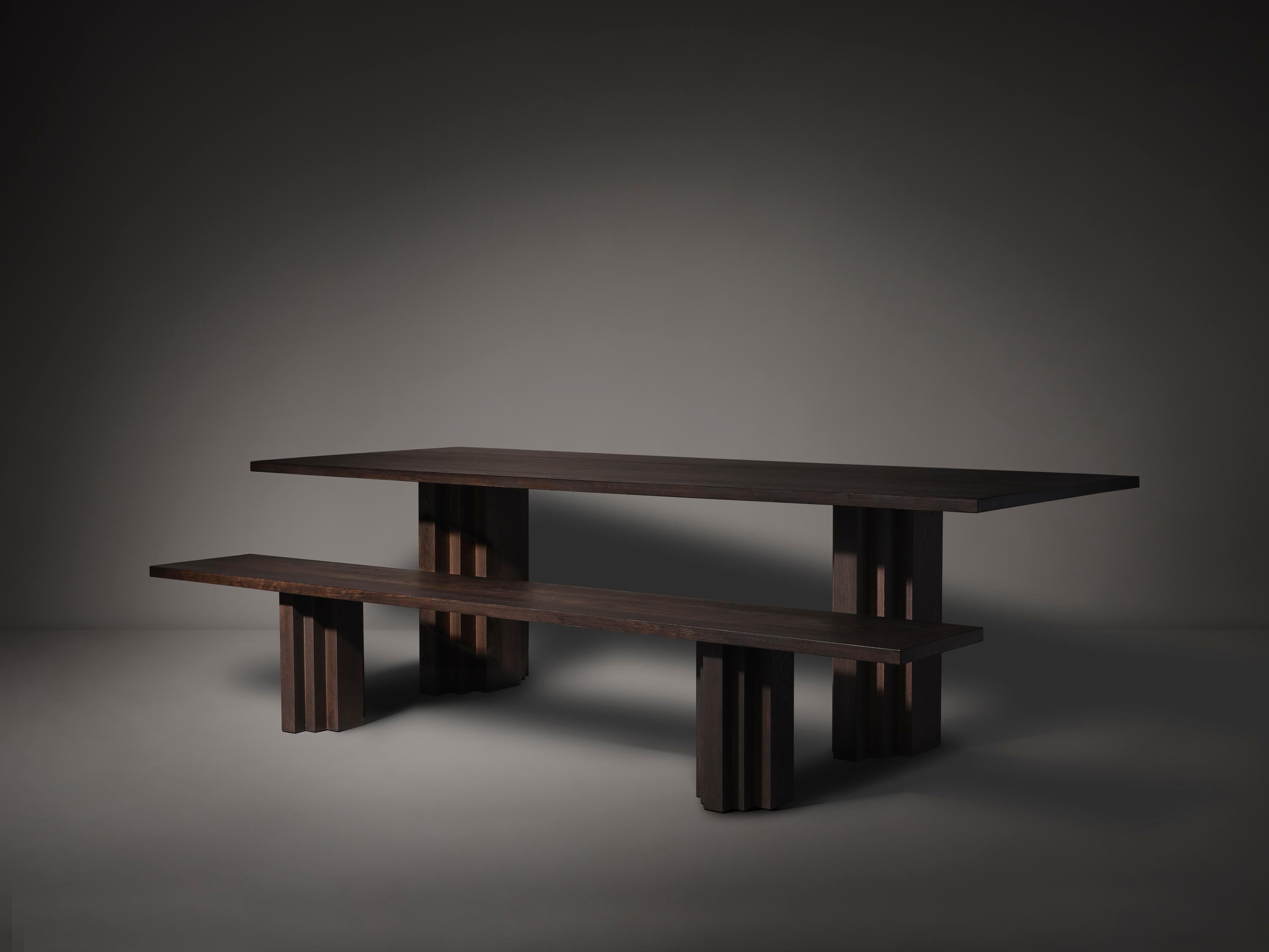 Hand-Crafted Monumental brutalist Solid Oak Wooden Brut Slim Dining Table For Sale