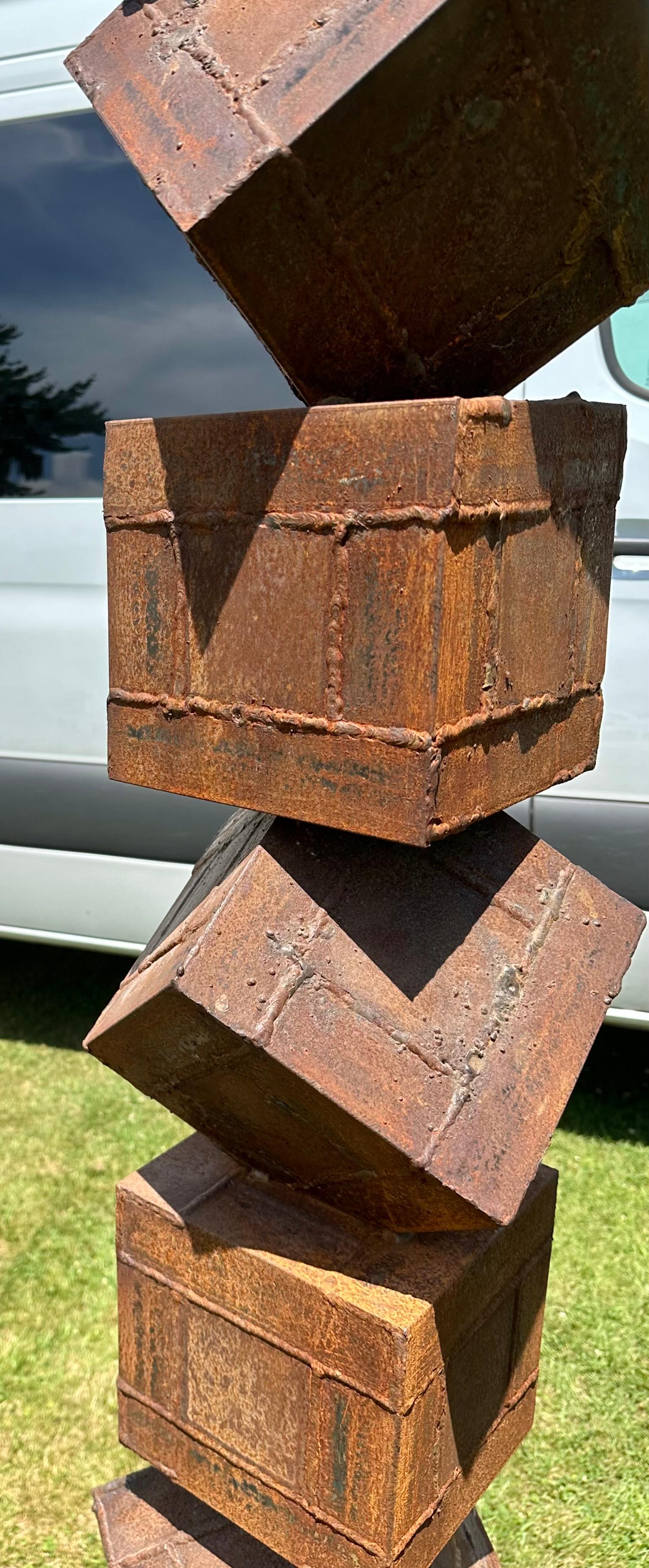 Monumental Brutalist Stacked Cube Steel Garden Sculpture, after David Smith / Paul Evans.. Signed and dated bUT unfortunately illegible. Amazing use of color, texture and space, Eight Stacked and welded cubes with brutalist design measuring 8
