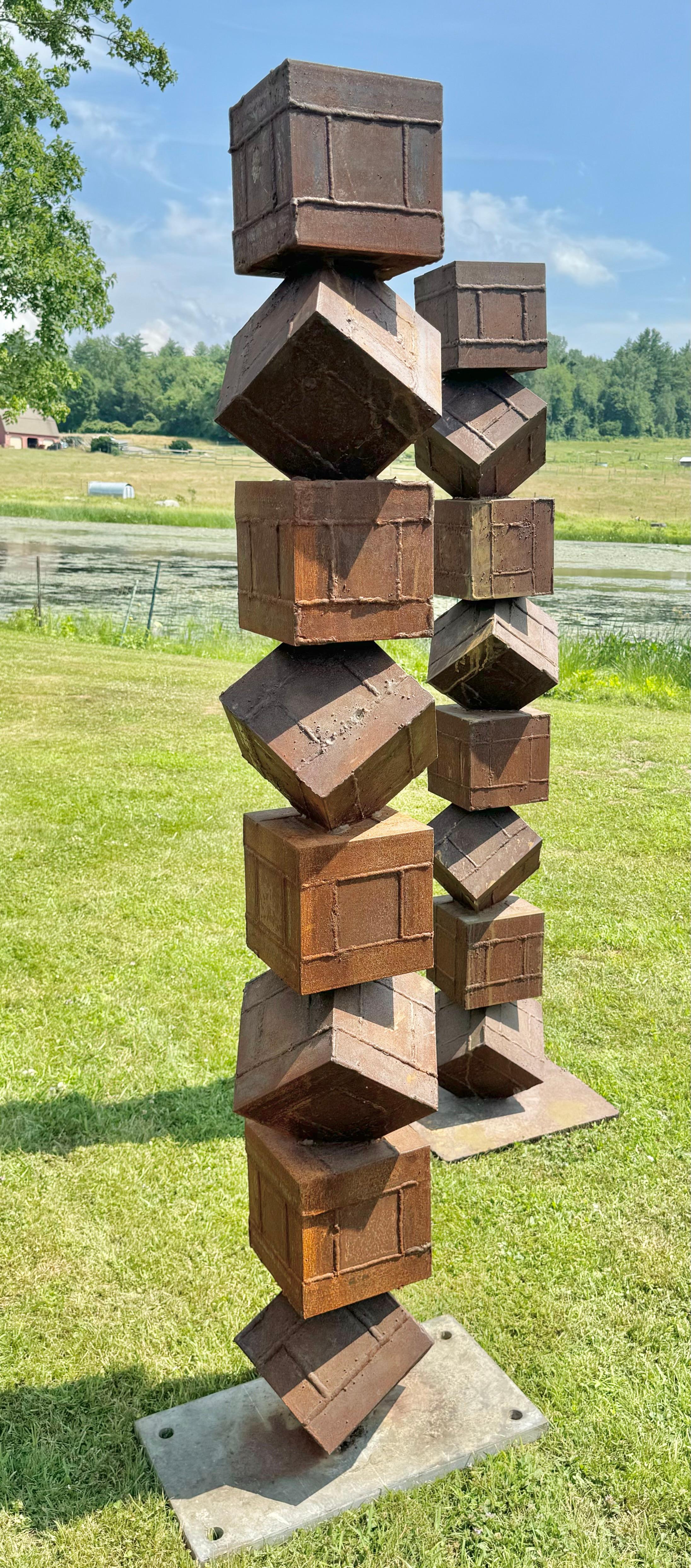 American Monumental Brutalist Stacked Cube Steel Garden Sculptures, after David Smith For Sale