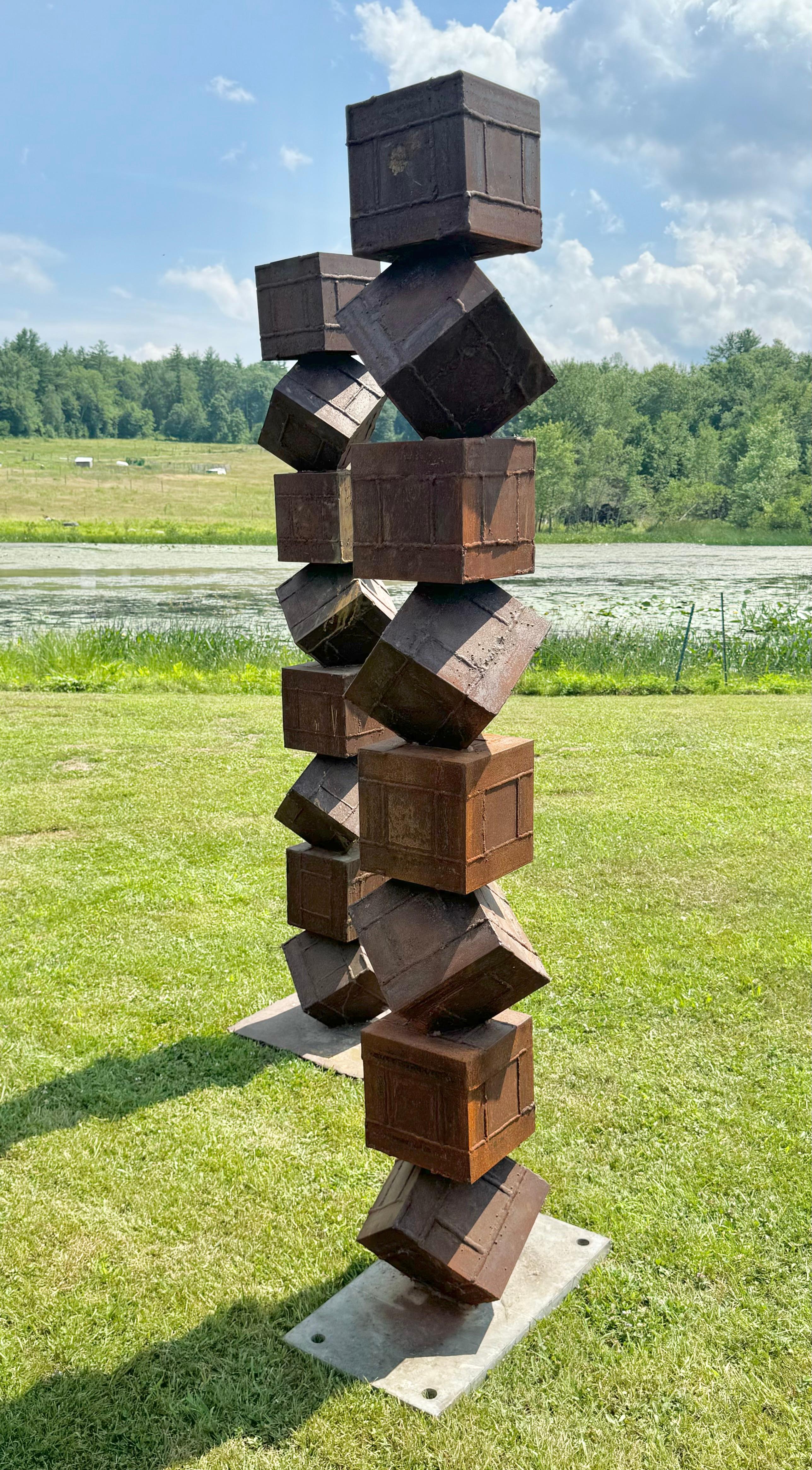 Hand-Crafted Monumental Brutalist Stacked Cube Steel Garden Sculptures, after David Smith For Sale