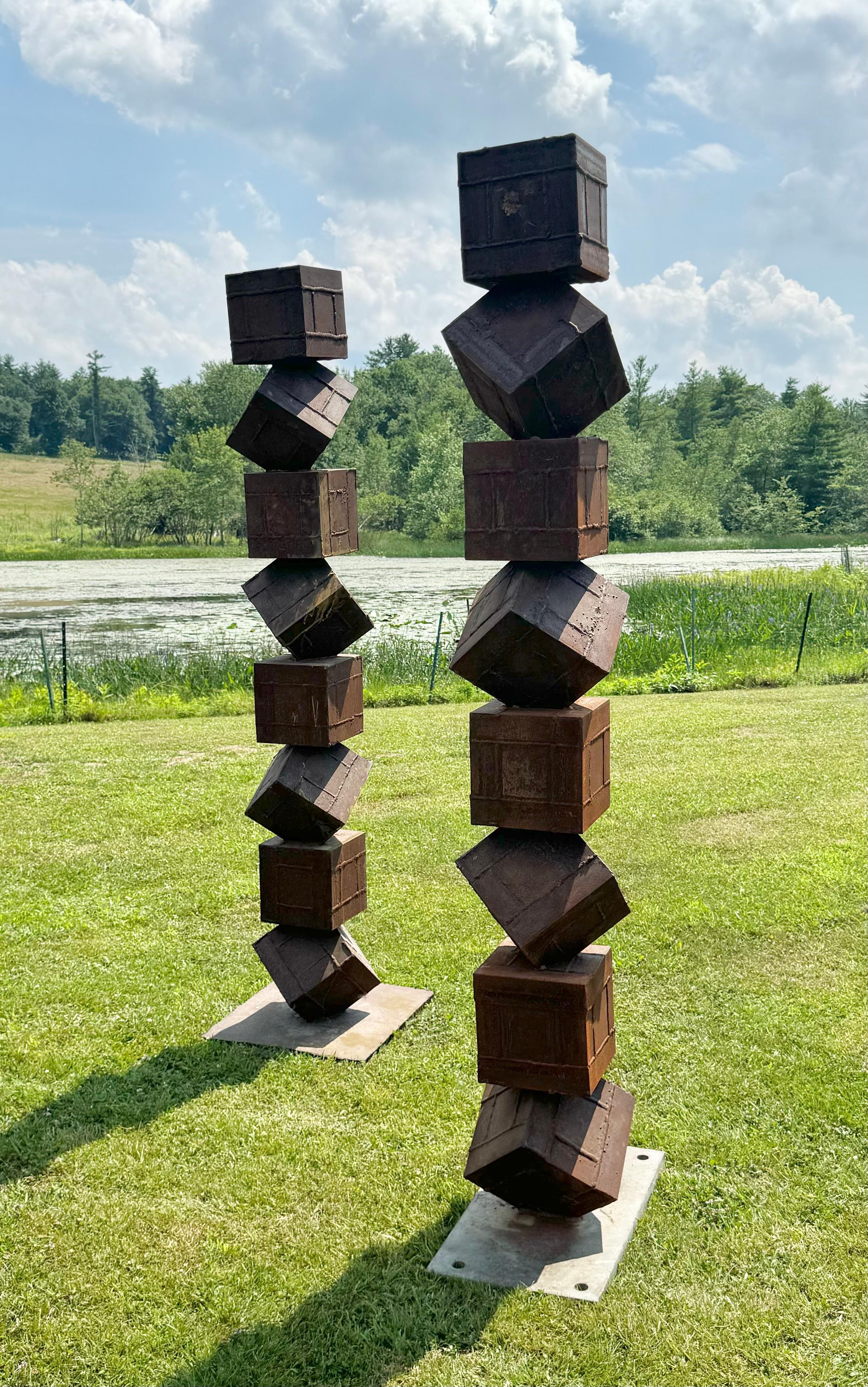 Monumental Brutalist Stacked Cube Steel Garden Sculptures, after David Smith In Distressed Condition For Sale In Buffalo, NY