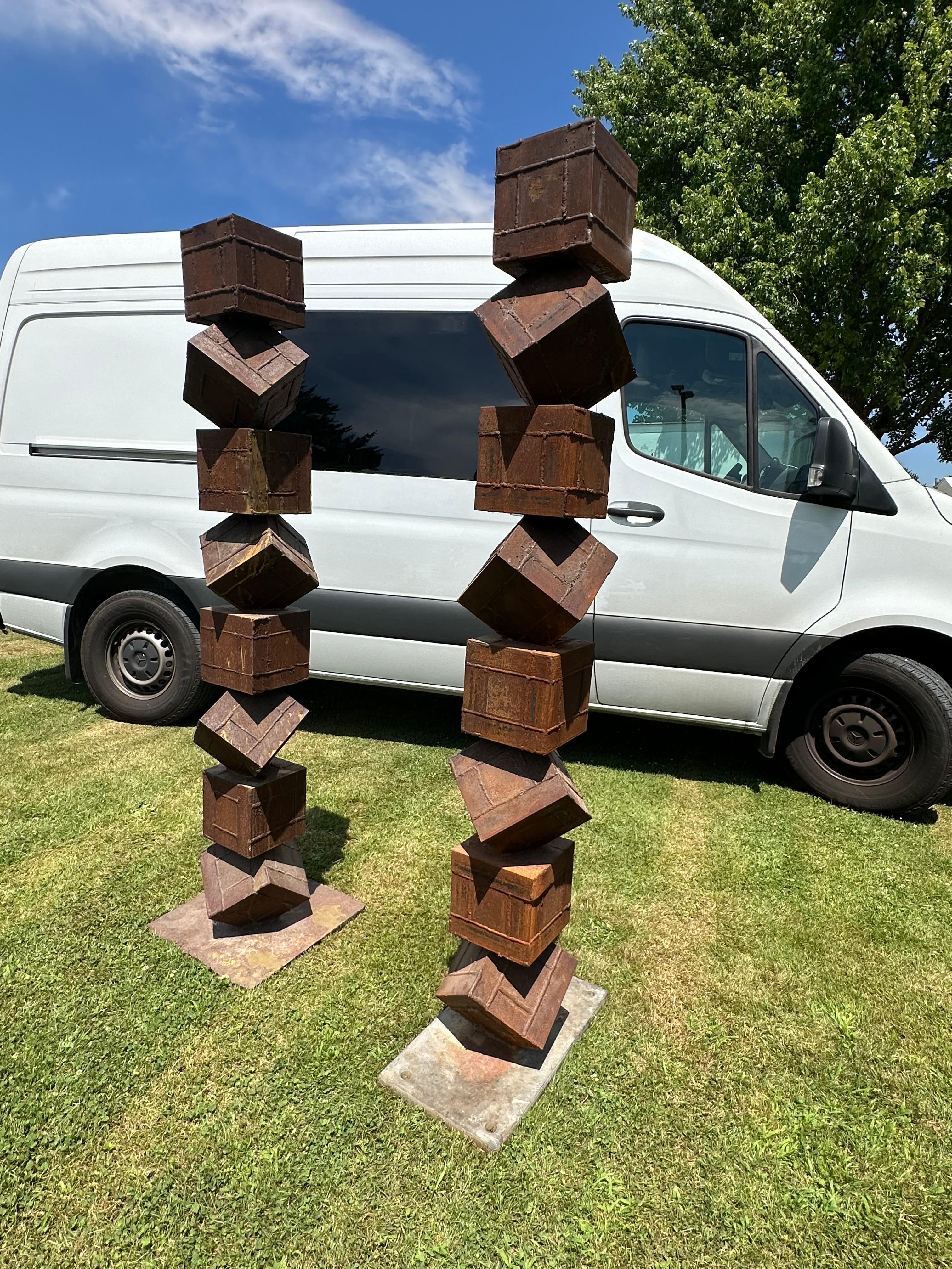 20th Century Monumental Brutalist Stacked Cube Steel Garden Sculptures, after David Smith For Sale