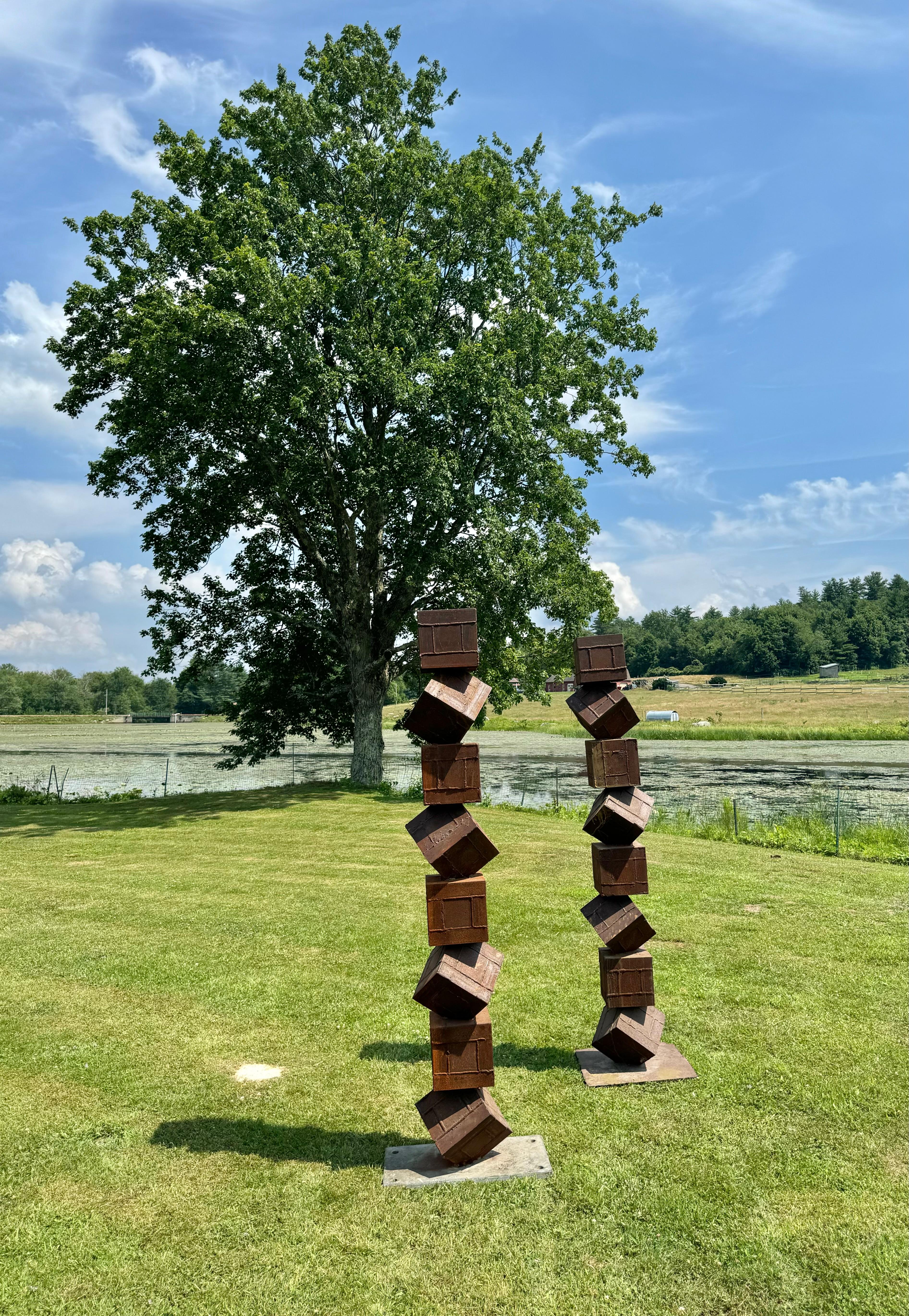Monumental Brutalist Stacked Cube Steel Garden Sculptures, after David Smith For Sale 3