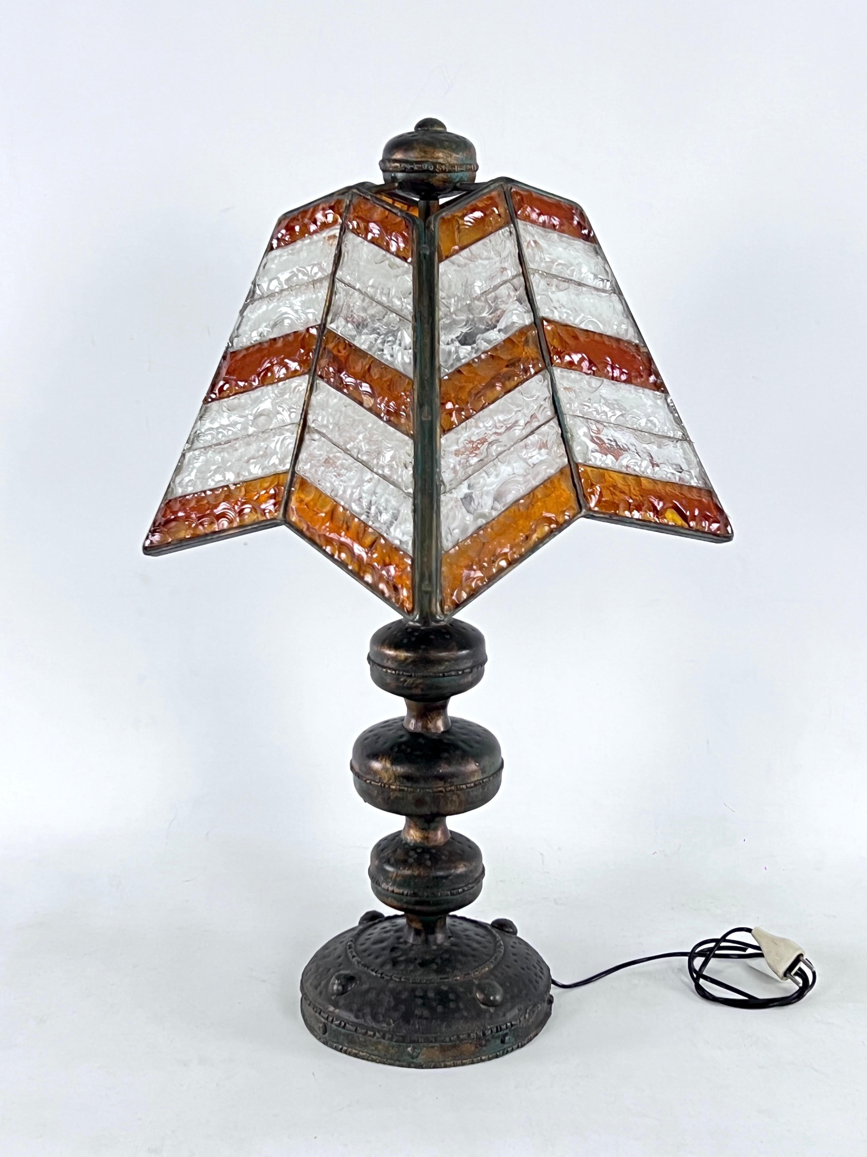 Great vintage condition with normale trace of age and use for this table lamp produced by Longobard and made from thick cut glass and metal in brutalist style.  Full working with EU standard, adaptable on demand for USA standard.