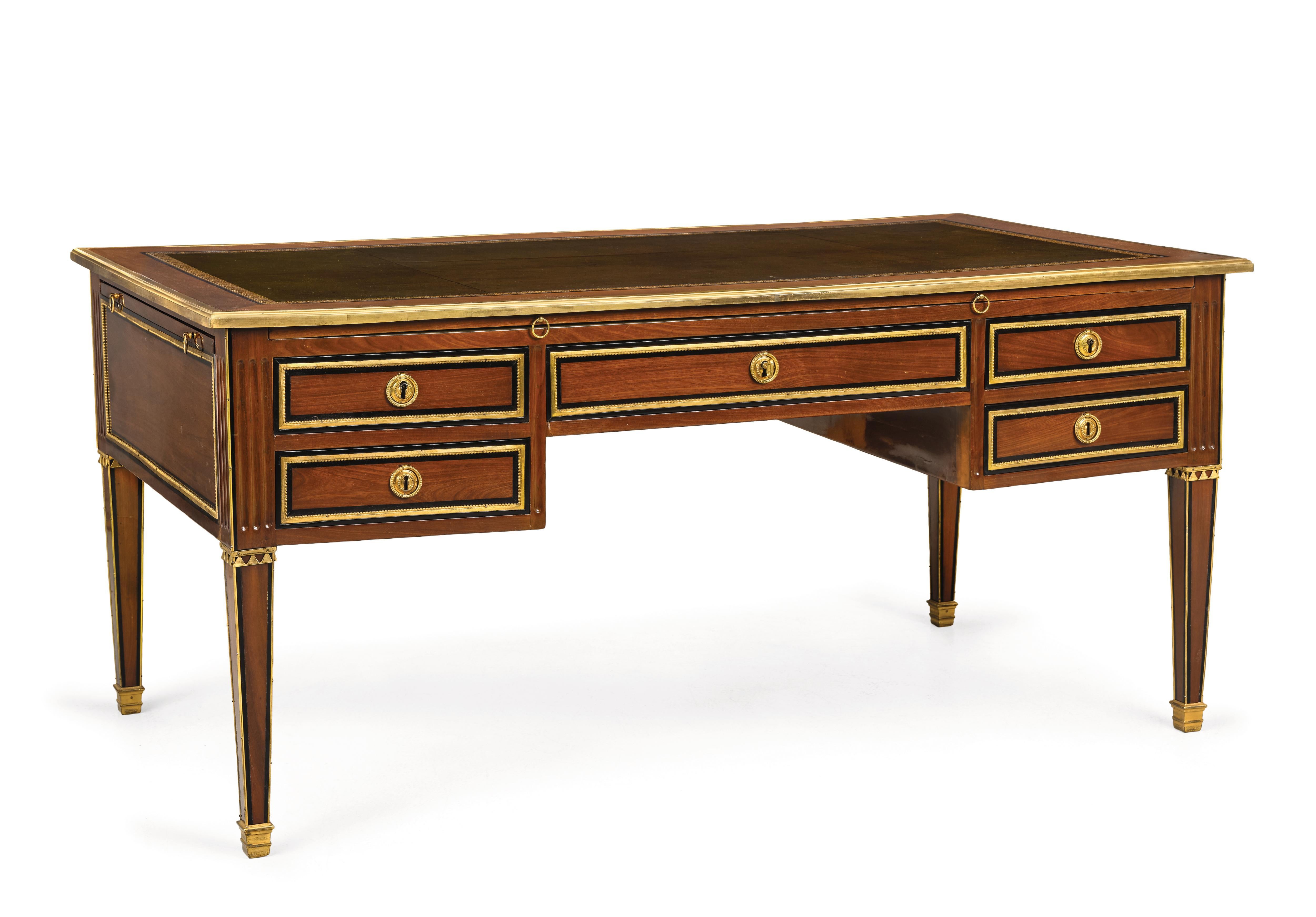 France, Louis XVI period, ca. 1780, by the ebenist Pierre Garnier (master from 1742), predominantly oak, mahogany veneered and with ebony marquetry, matted, double-sided drawer design with a total of 10 drawers. 10 drawers, conical feet, gilt bronze