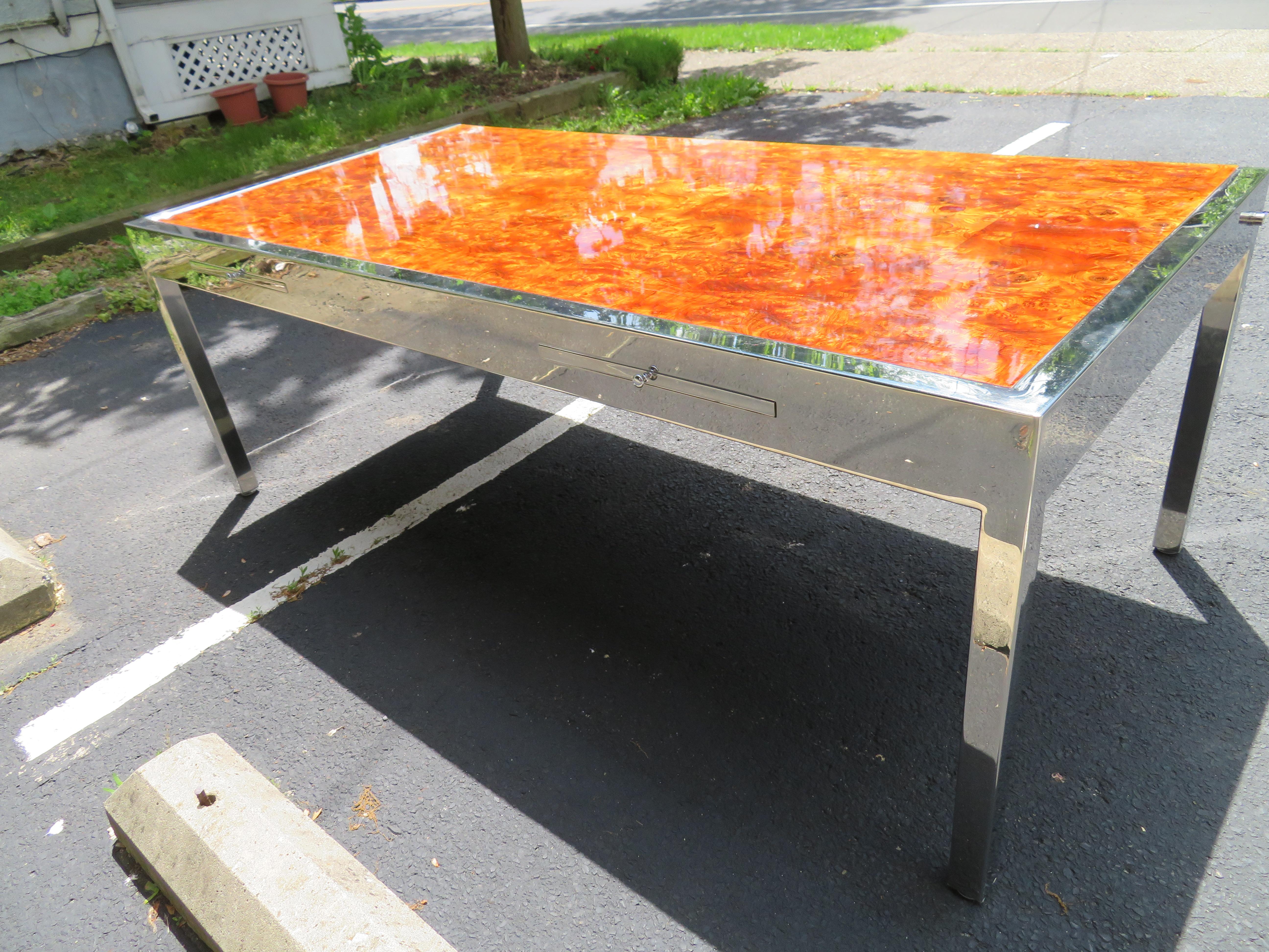 Monumental Burl and Stainless Steel Executive Desk by Leon Rosen for Pace In Good Condition In Pemberton, NJ