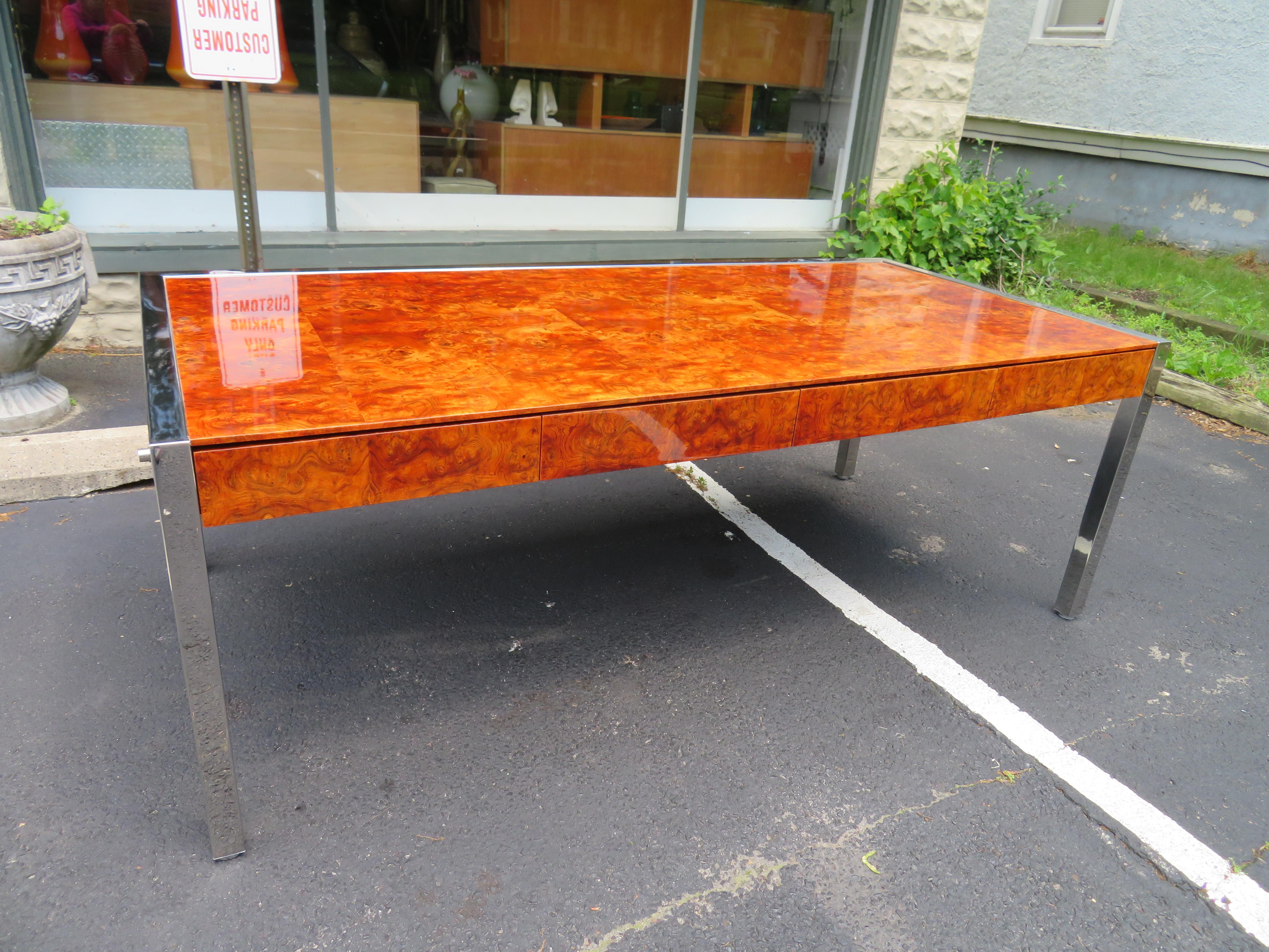 Monumental Burl and Stainless Steel Executive Desk by Leon Rosen for Pace 2