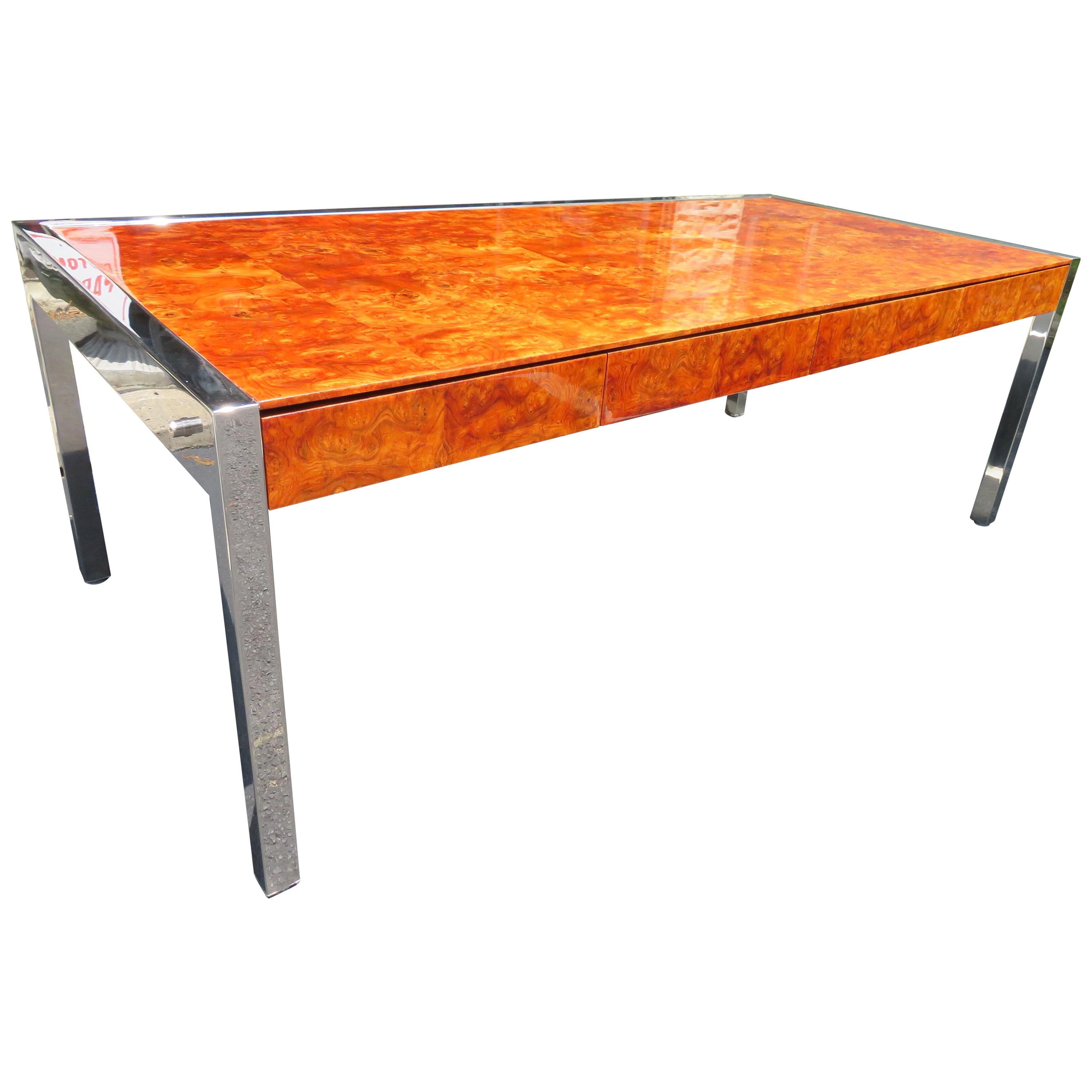 Monumental Burl and Stainless Steel Executive Desk by Leon Rosen for Pace