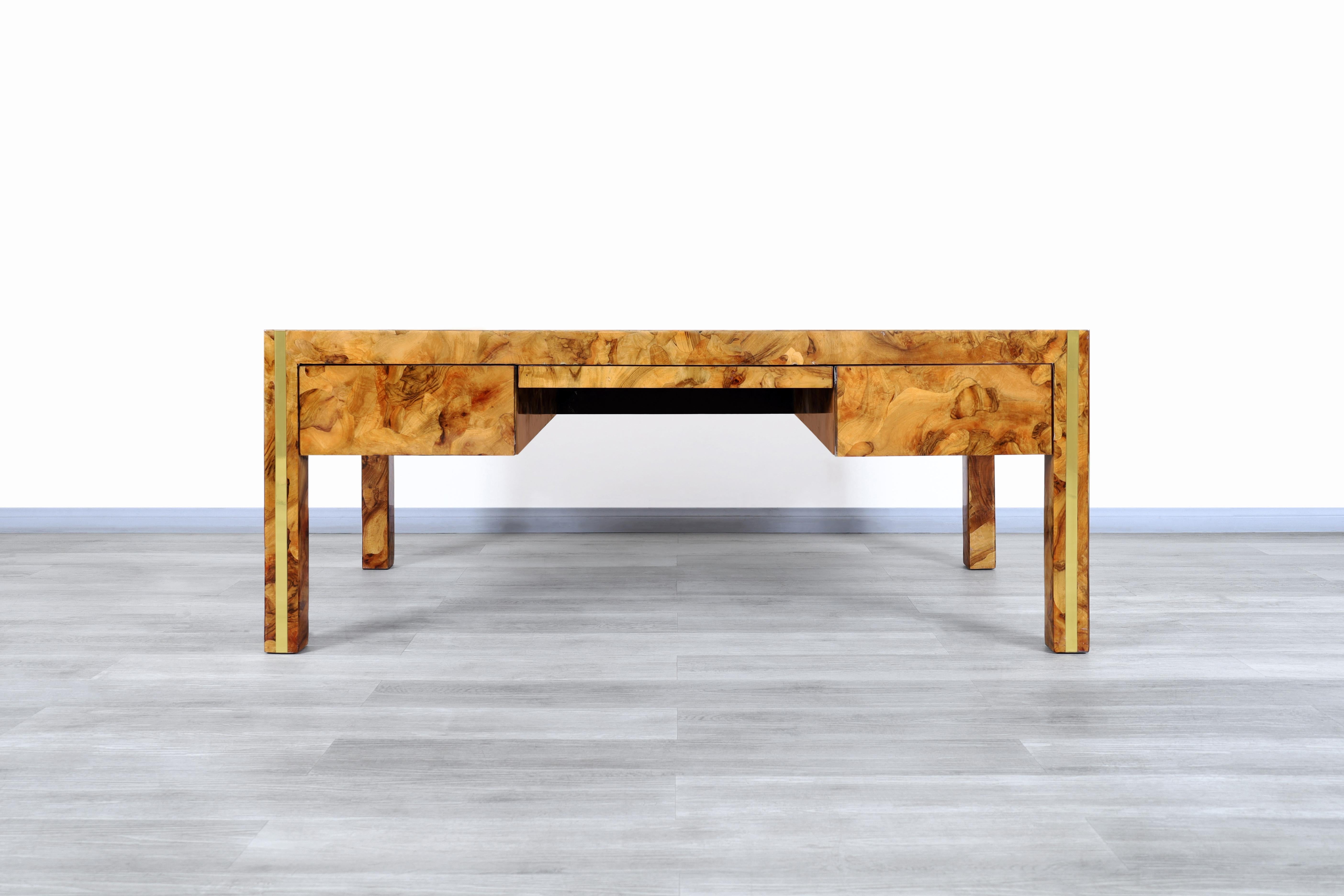 American Monumental Burl Wood and Brass Executive Desk