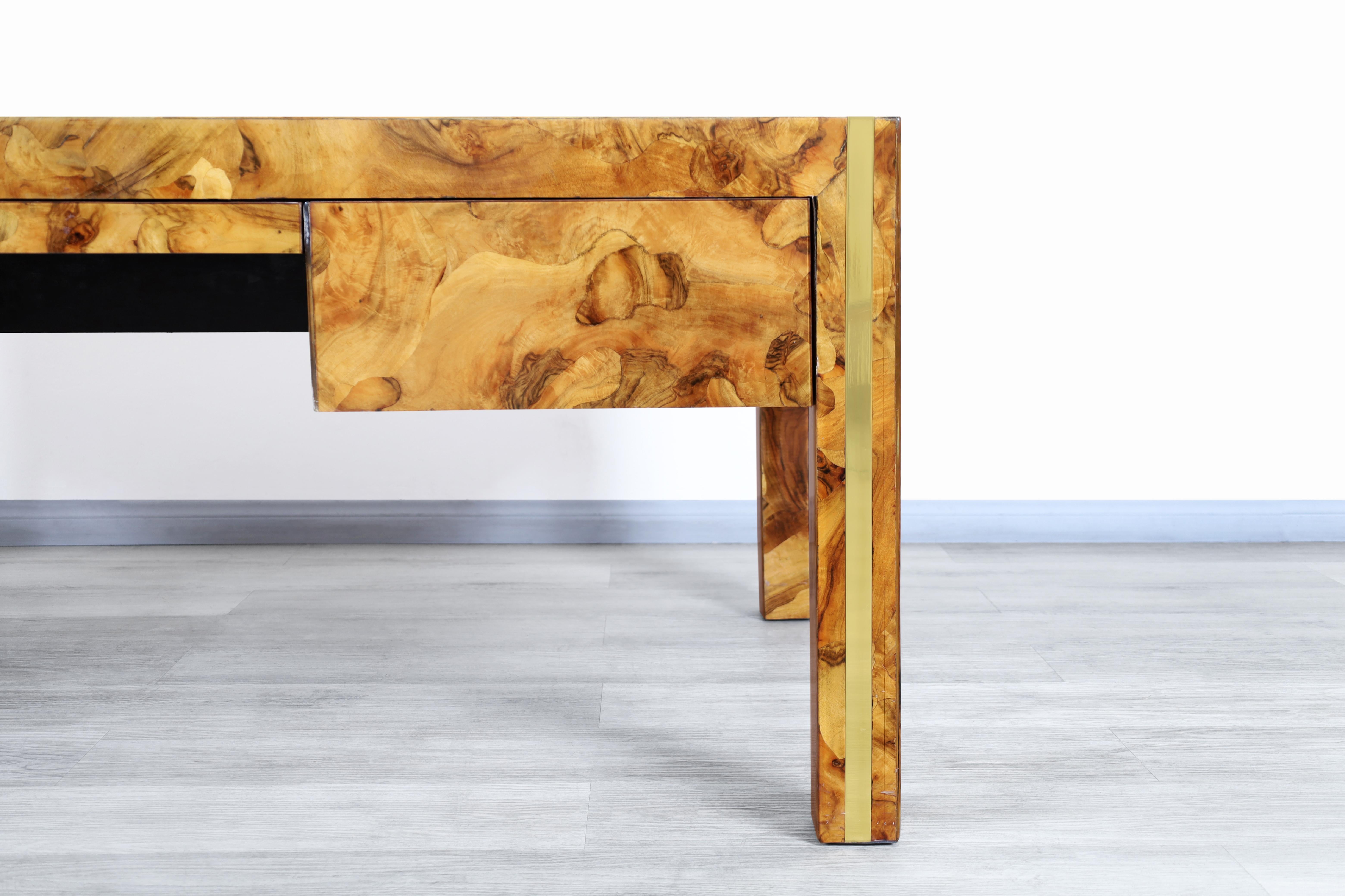 Monumental Burl Wood and Brass Executive Desk In Good Condition In North Hollywood, CA