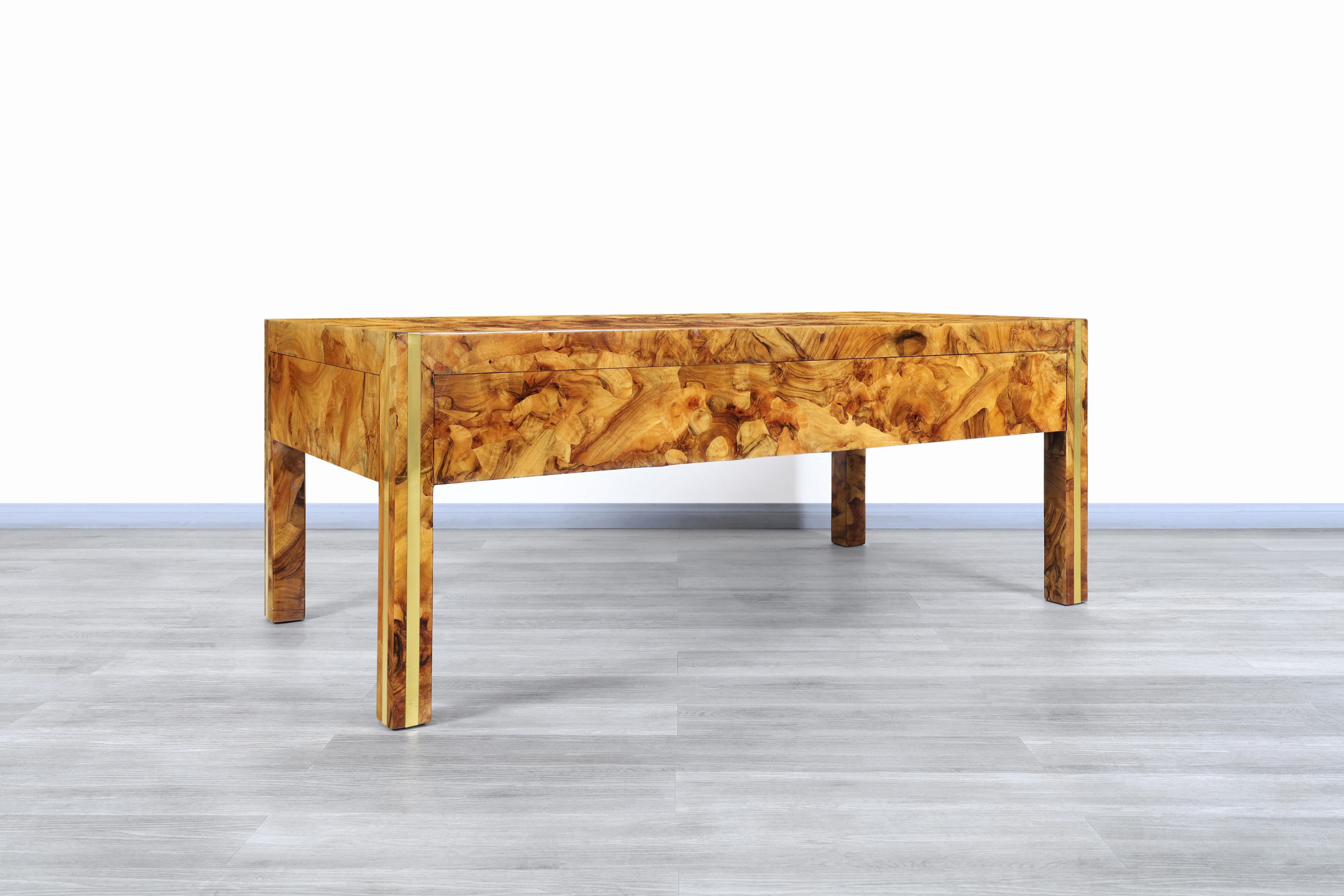 Late 20th Century Monumental Burl Wood and Brass Executive Desk