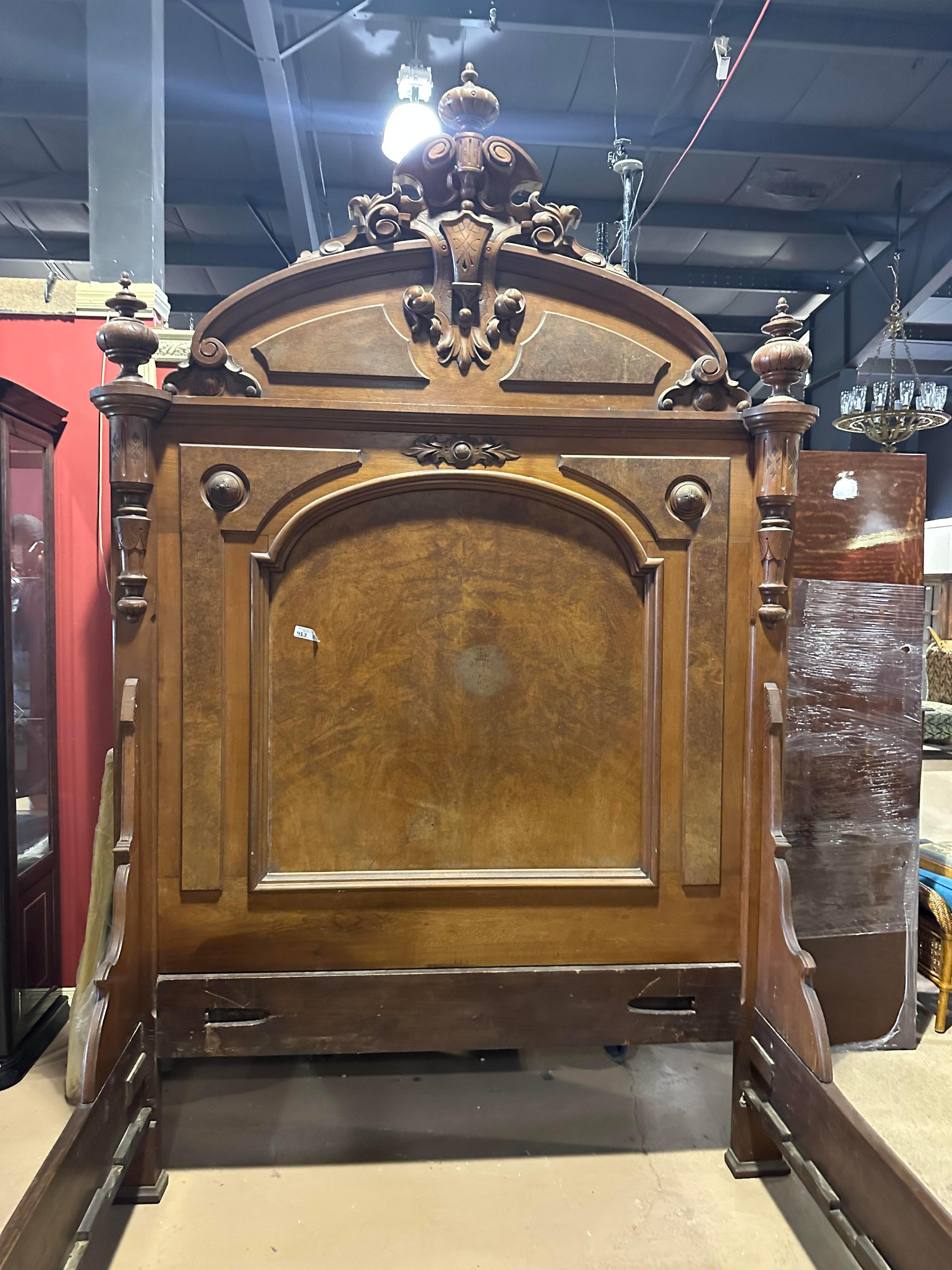 High Victorian Monumental Burled Walnut Carved Victorian Near Queen Size Bed, circa 1860
