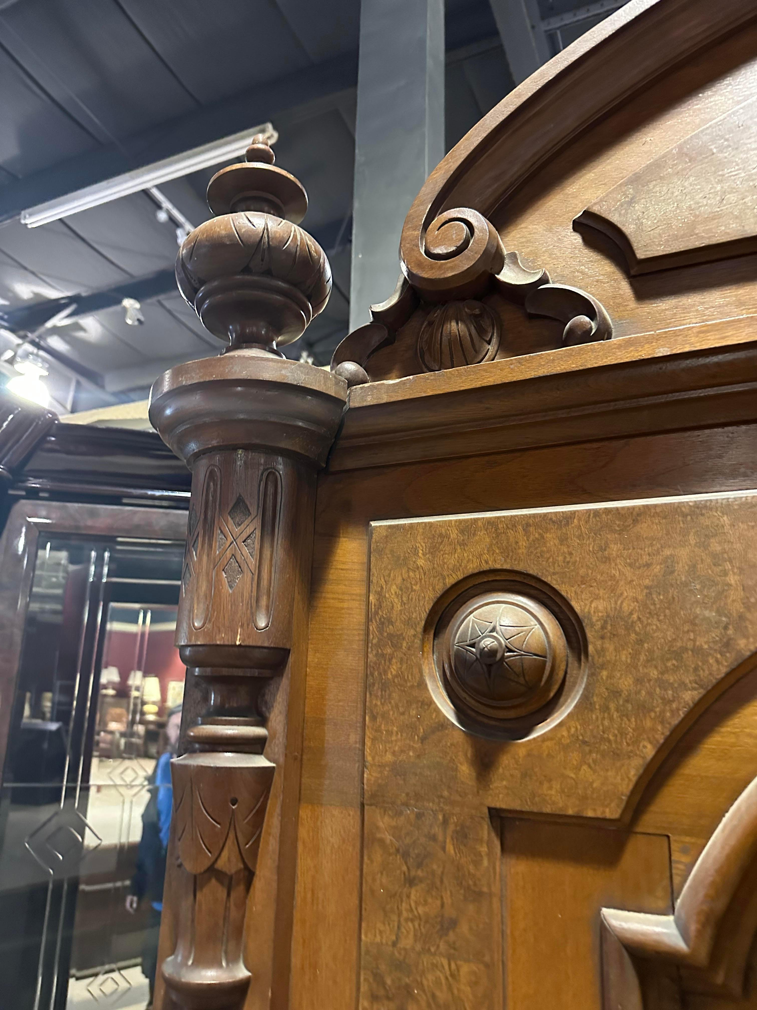 Monumental Burled Walnut Carved Victorian Near Queen Size Bed, circa 1860 1