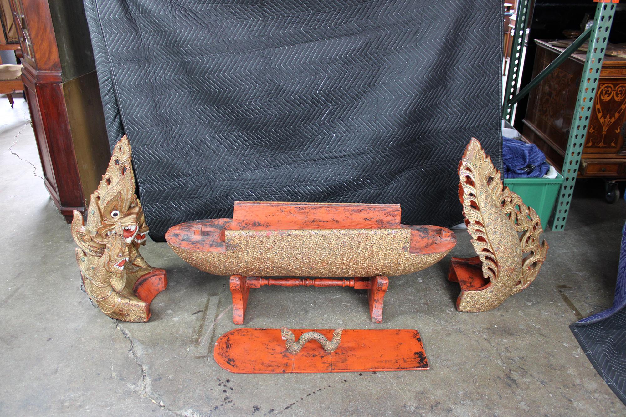 Monumental Burmese Carved Wood Royal Barge Dragon Boat Box Sculpture 2
