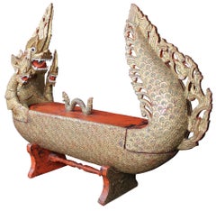 Monumental Burmese Carved Wood Royal Barge Dragon Boat Box Sculpture