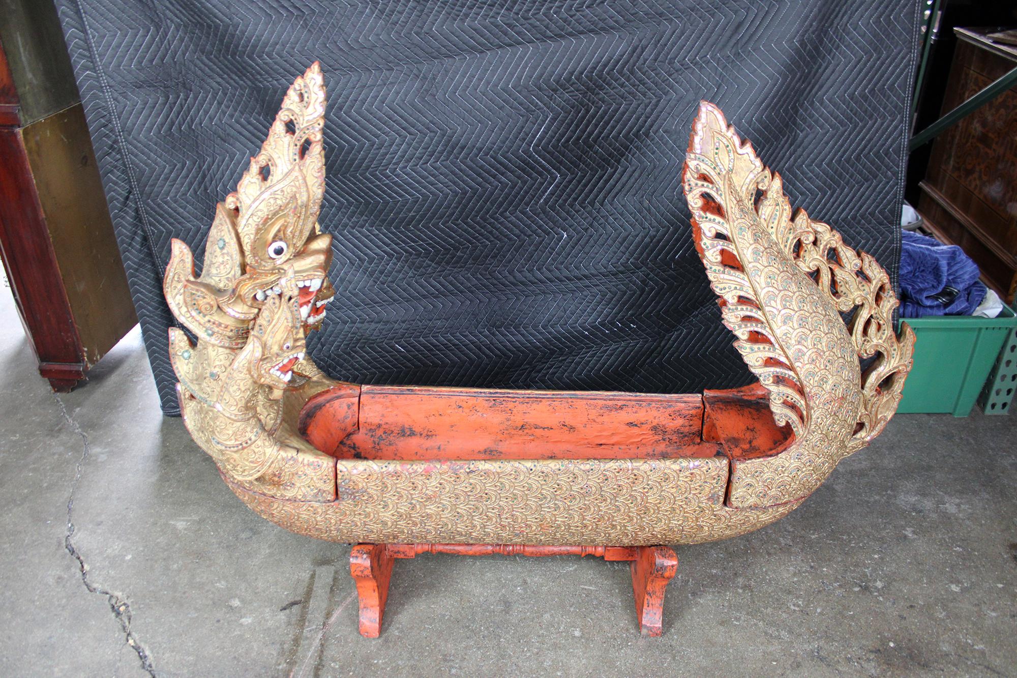 Chinoiserie Monumental Burmese Carved Wood Royal Barge Dragon Boat Box Sculpture