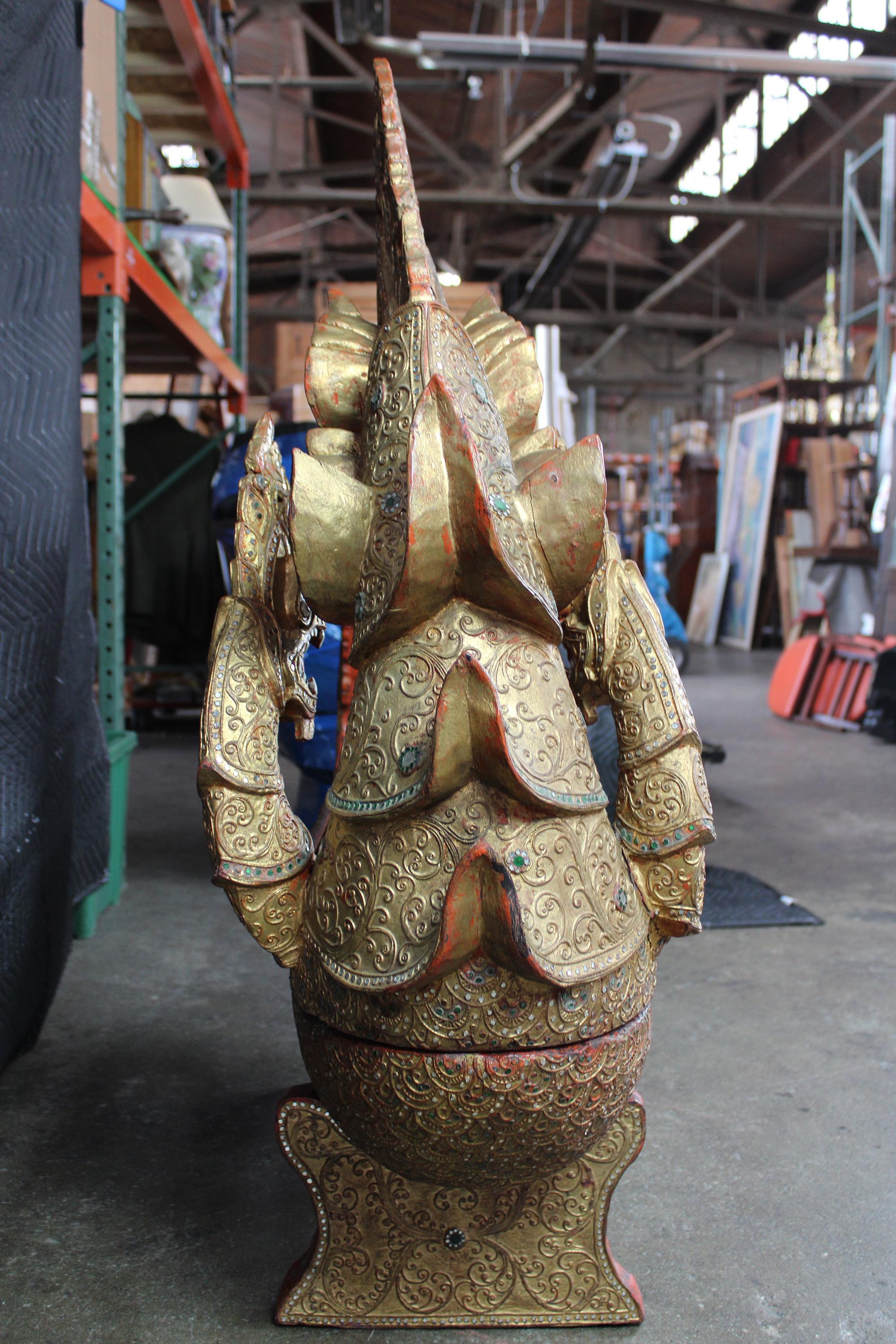 Hardwood Monumental Burmese Carved Wood Royal Barge Dragon Boat Box Sculpture