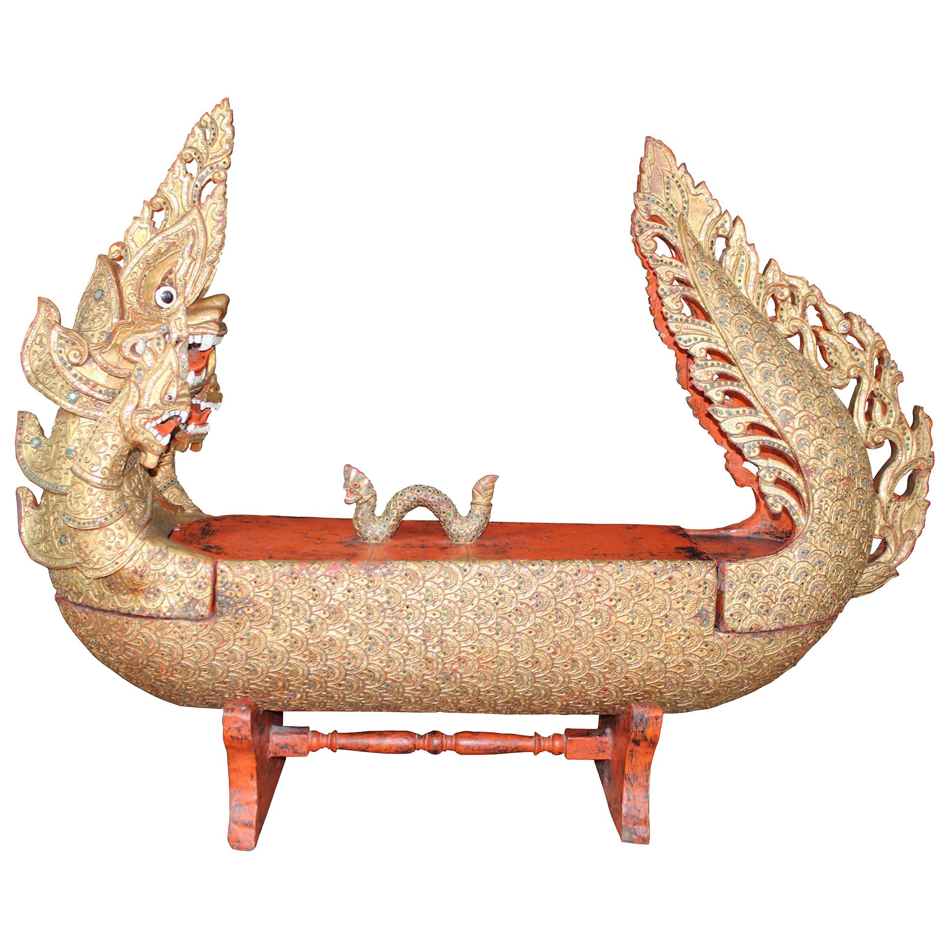 Monumental Burmese Carved Wood Royal Barge Dragon Boat Box Sculpture